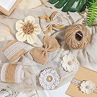 Vista 6 de Juego de 30 flores de arpillera que incluye 24 flores de arpillera y lazos hechos a mano, 5 rollos de cinta de arpillera de encaje, 1 cinta