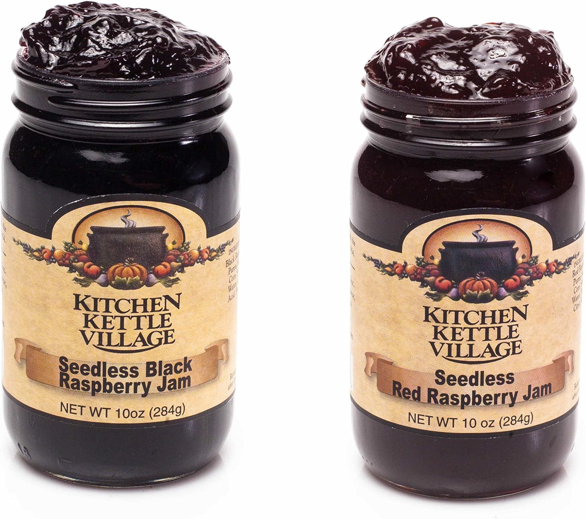 Seedless Black Raspberry and Red Raspberry Jam, Kitchen Kettle Village (Amish Made) Raspberry Preserves, 10 Ounce Jars [1 of Each]