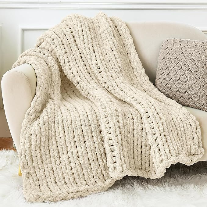 Admitrack Chunky Knit Blanket Throw 51"x63", 100% Hand Knit Chenille Throw Blanket for Sofa & Home Decor, Soft and Cozy Knitted Throw Blankets (Ivory，51"x63")