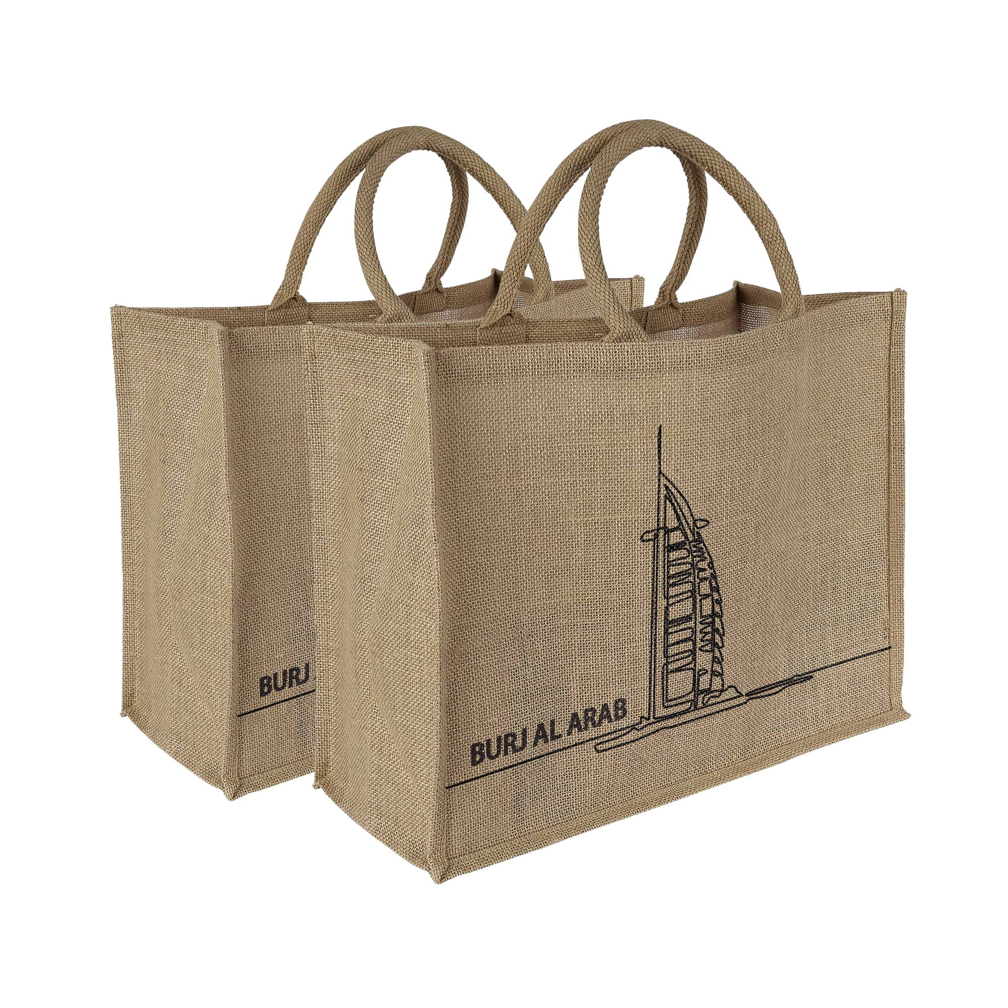 VEA2-Pack Eco-Friendly 2 Side Print Desing Jute Bags with Laminated Interior & Soft Handles - Reusable Grocery Shopping Bags in Large Horizontal Style