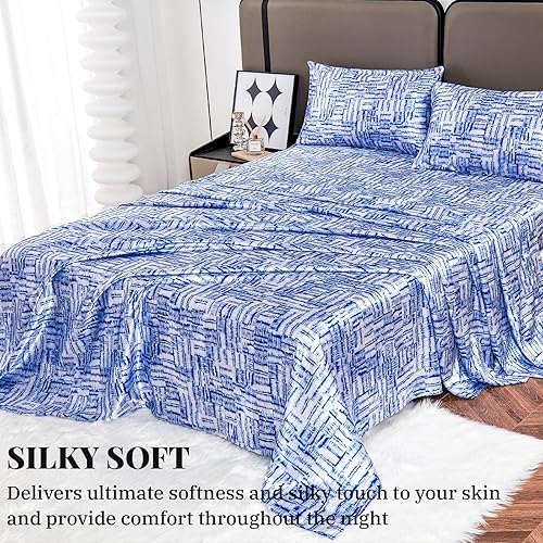 Miniatura 3 de YIYEA Sábanas de satén, estampado floral, lujoso juego de sábanas tamaño Queen de tacto sedoso, elegante juego de sábanas de satén suave, bolsillo