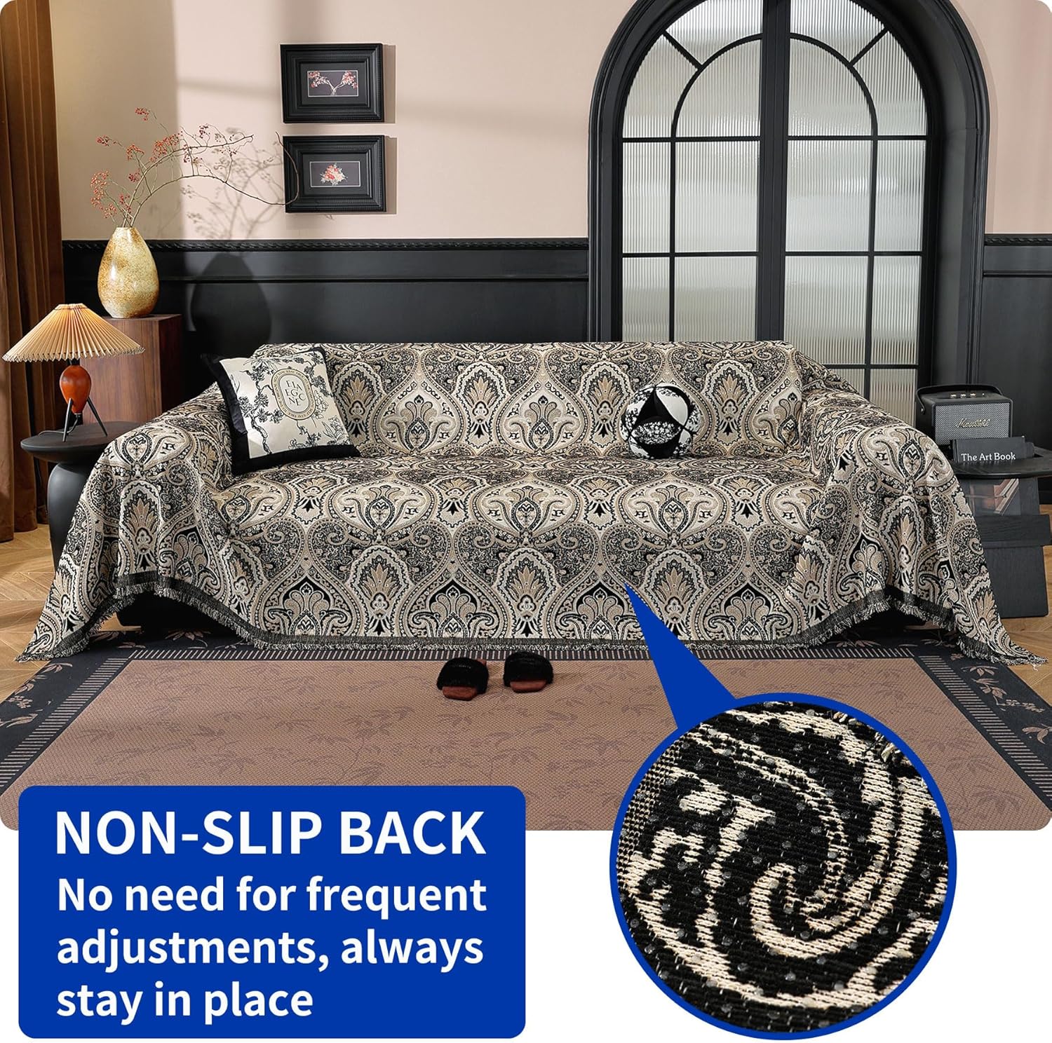 LUFEIJIASHI Vintage Couch Covers for Sofa Washable Sofa Covers for 3 Cushion Couch Non Slip Couch Covers for sectional Sofa Chenille Jacquard Furniture Protector for Dogs Pet Friendly Black, 91"x134"