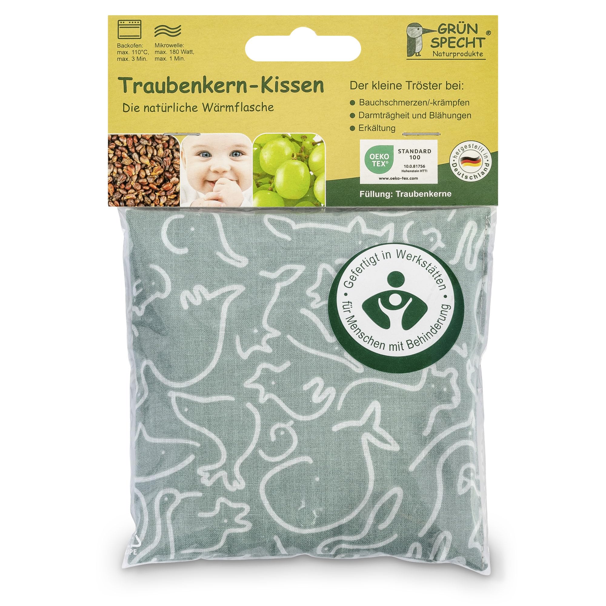 GRÜNSPECHT Traubenkern-Kissen 12x12cm, Wärmekissen für Babys & Kleinkinder, bei Blähungen & Bauchschmerzen
