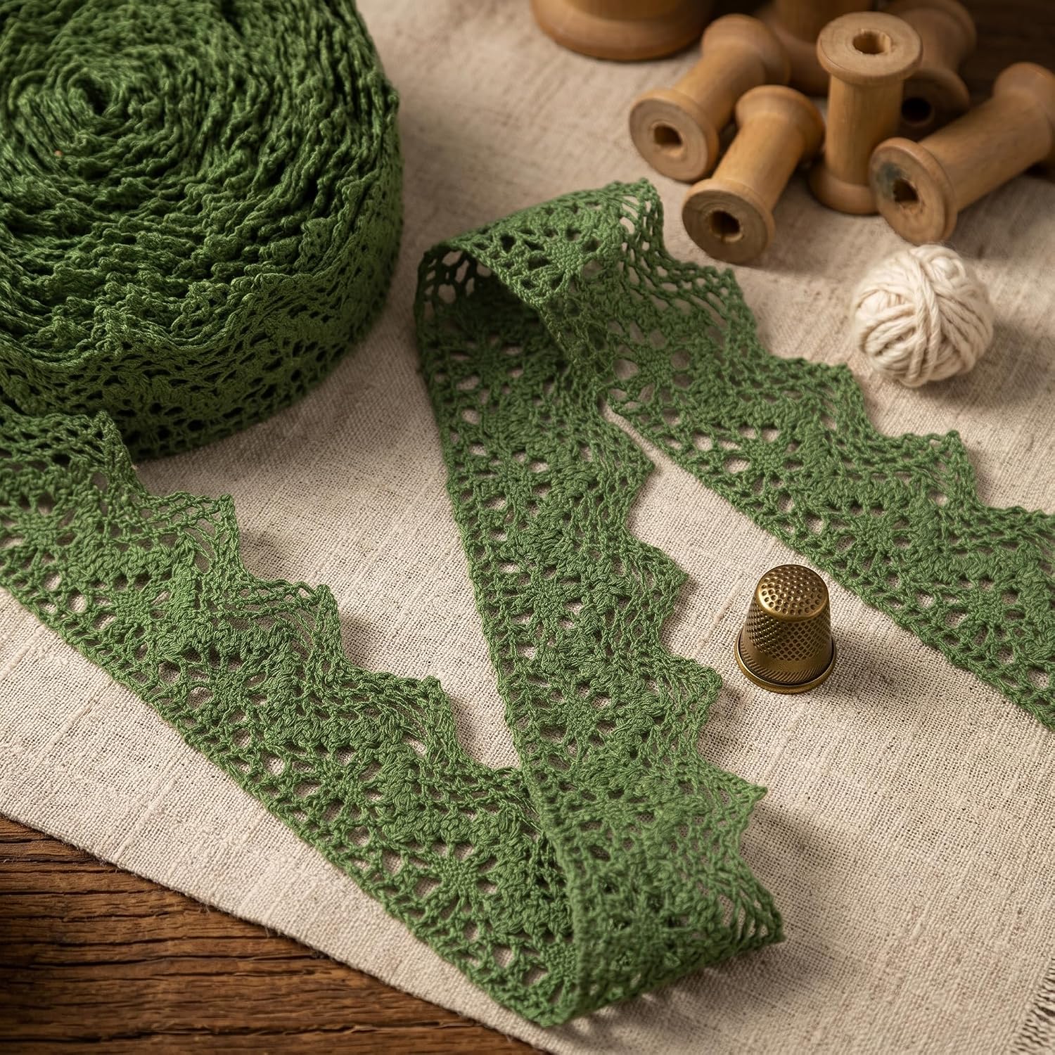 IDONGCAI 10 Yards Crochet Lace Trim - 1.4" Vintage Cotton Triangle Scalloped Edge Ribbon for Boho Clothing, Sewing Crafts & Cottagecore Decor (Army Green)