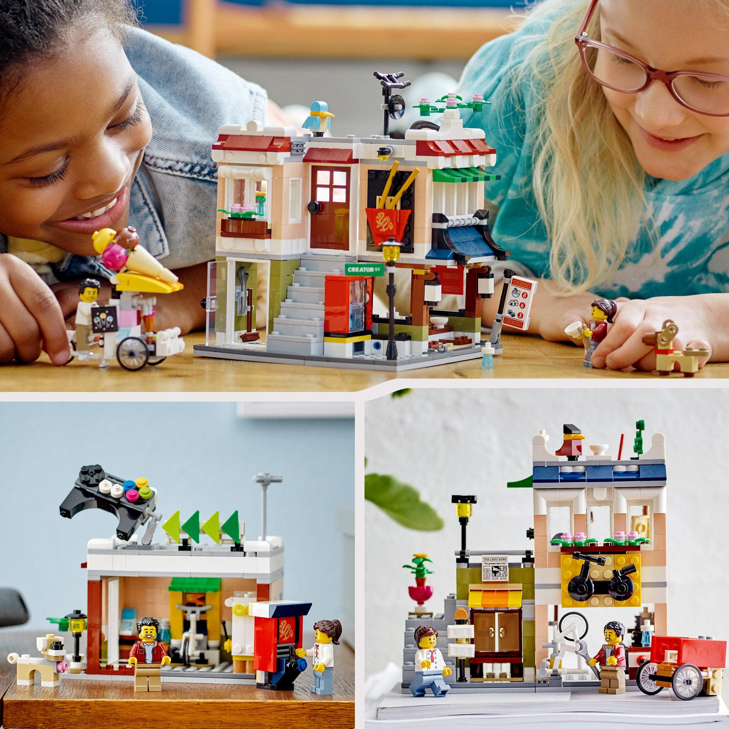 LEGO Creator 3 in 1 Ristorante Noodle Cittadino, Edificio da Costruire con Casa Giocattolo, Negozio di Bici e Sala da Gioco, Giochi per Bambini e Bambine Creativi, Idea Regalo 31131