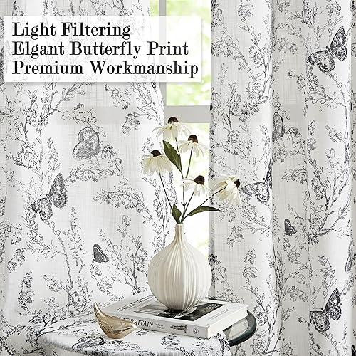 Miniatura 5 de Jubilantex Cortinas Semitransparentes de Hoja de Mariposa 84" L Paneles de Cortina para Dormitorio de Niños, Estampado Negro sobre Blanco Cortinas