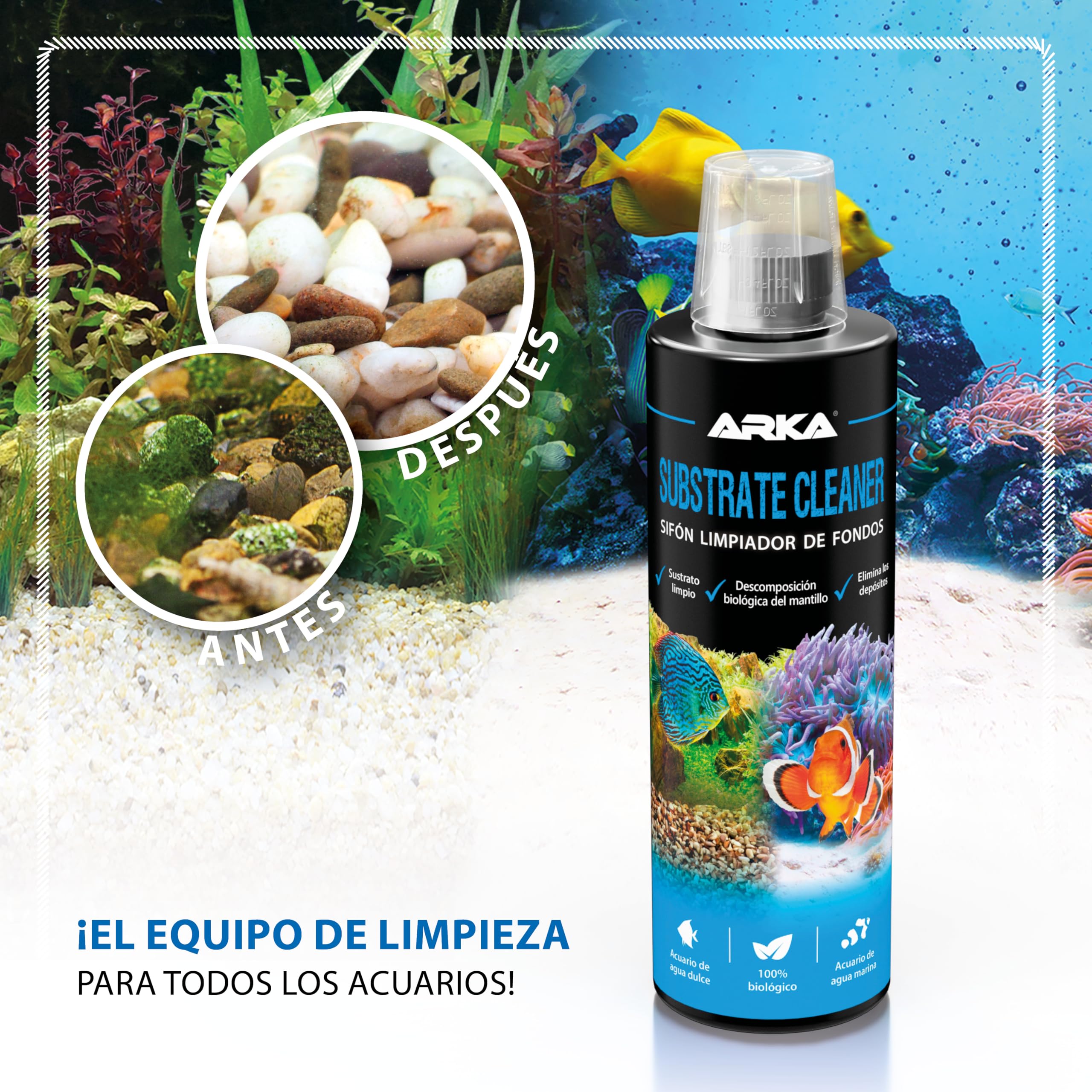 Limpiador Fondo Acuario 236 ml – ARKA Substrate Cleaner – 100% biológico con bacterias vivas – Elimina Lodo, restos y Suciedad – sin sifón ni Tubo – Agua Clara en Dulce y Marino