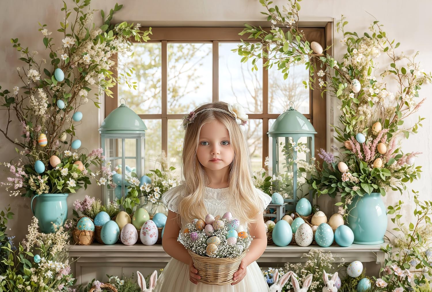 Kate 7x5ft/2.2x1.5m Easter Backdrop for Photography Window Colorful Eggs Bunny Photoshoot Background Photo Video Studio Props