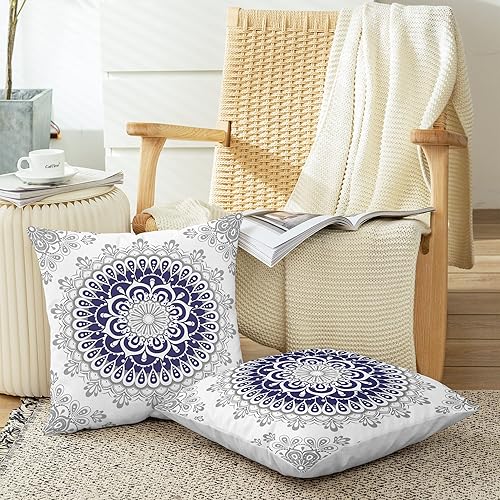 Miniatura 5 de CaliTime Juego de 2 fundas de almohada de forro polar, diseño de mandala, dalia, medallón floral, brújula, para sofá, cama, decoración de casa