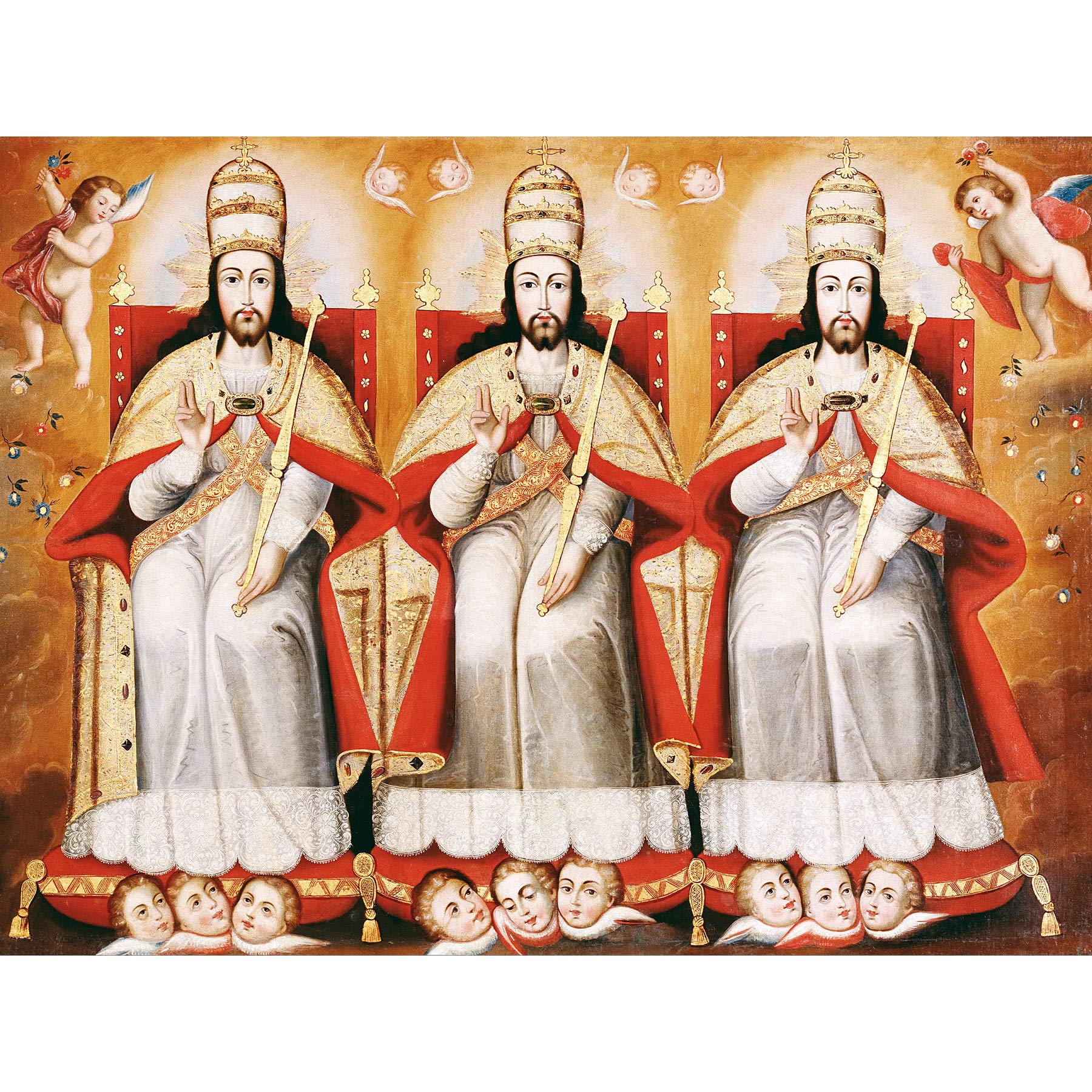 Artery8 Cusco School Enthroned Trinity As Three Identical Figures Premium Wall Art Canvas Print 18X24 Inch