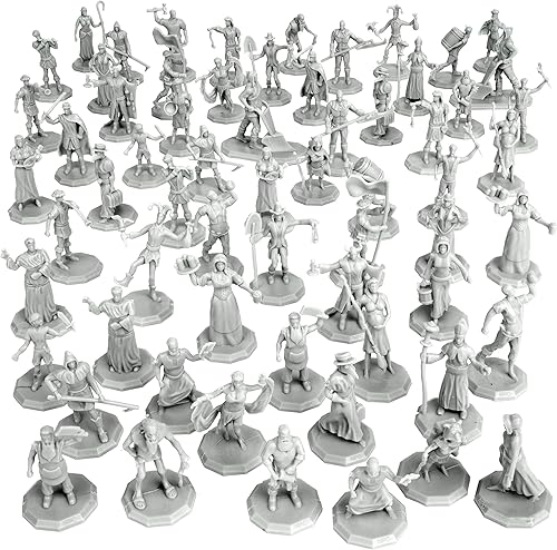 Townsfolk - Juego de mini figuras de fantasía, 64 miniaturas de personajes no jugadores, nobleza hexagonal de 1 pulgada, comerciantes y más,