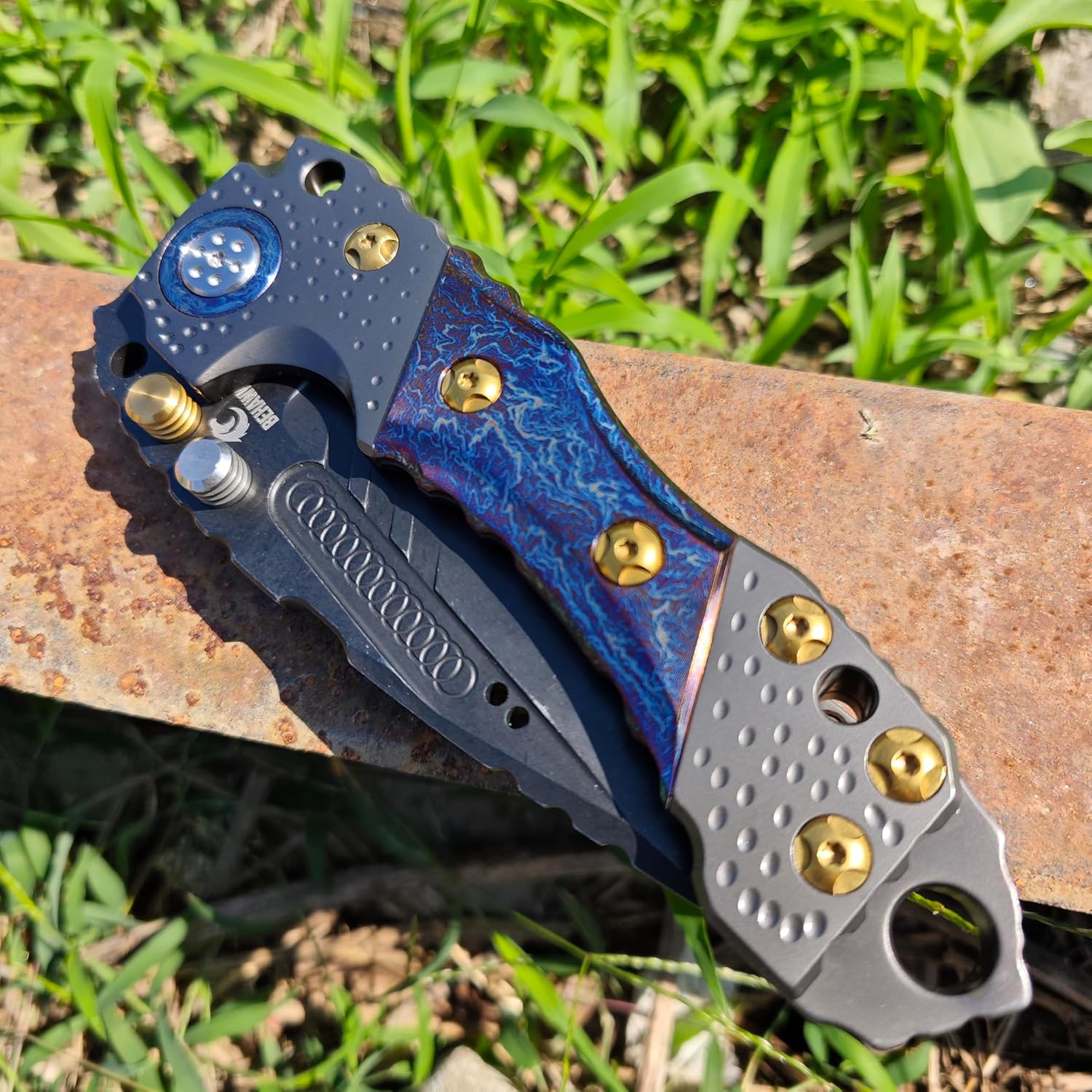 Behawk Folding Knife,Axe Blade Design,Titanium Alloy Handle,Manual Opening Large Folding Knife with Clip,Glass Breaker,EDC For Outdoor Camping Hiking Fishing Hunting