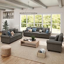 Modular Sectional Sofa Set Living Room 3-Piece Deep Seats | Mid-Century Modern 6-Seater Cloud Couch Set, Dark Grey, Rolled Arms & Nailhead Trim, Wider Seats, Soft Linen Furniture Set