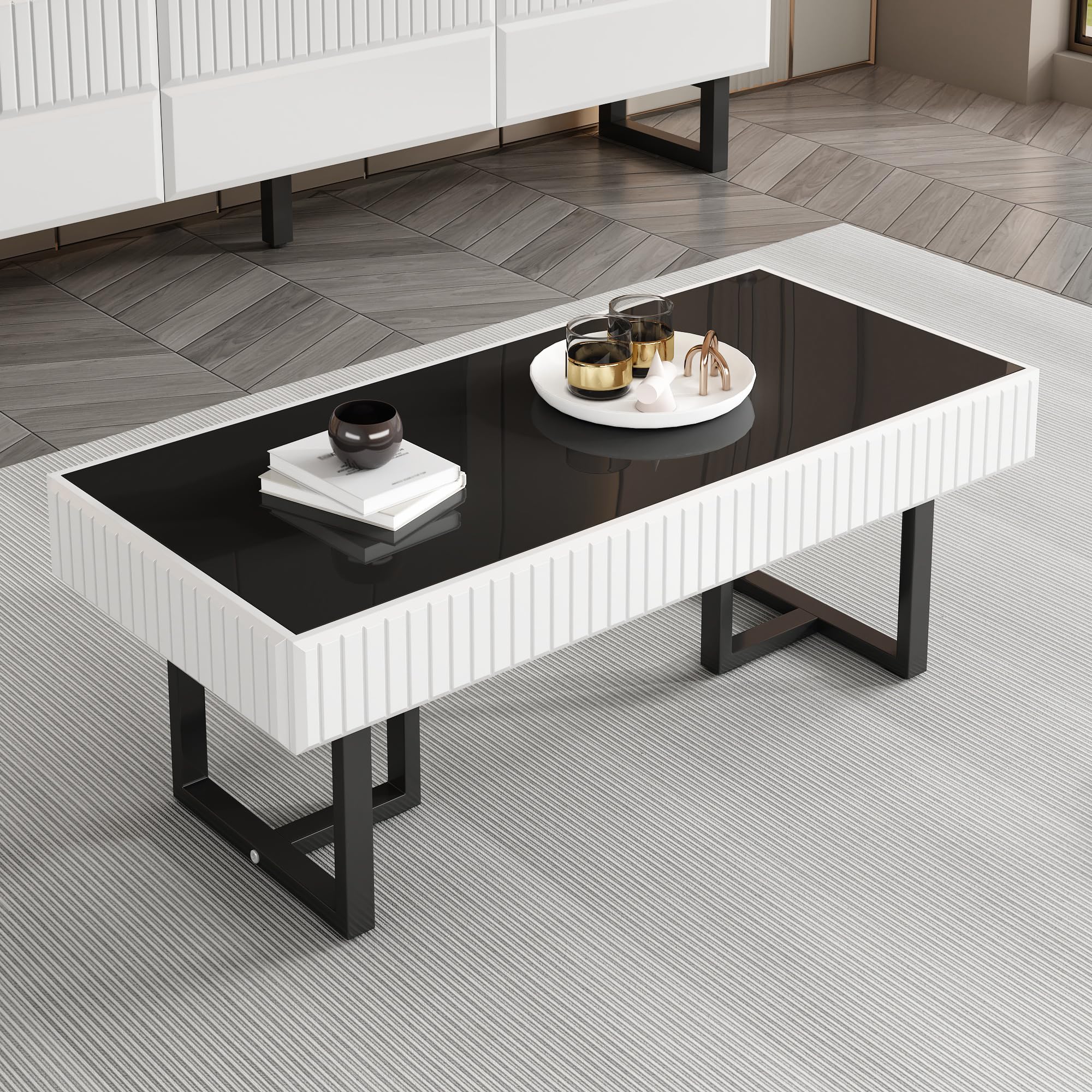 Couchtisch mit Hochglänzende Tischplatte, Coffee Table mit Stauraum, Kaffeetisch, Sofa Tisch, für Wohnzimmer/Esszimmer/Flur, 110 x 50 x 41cm, Minimalistische Design, Schwarz-Weiß