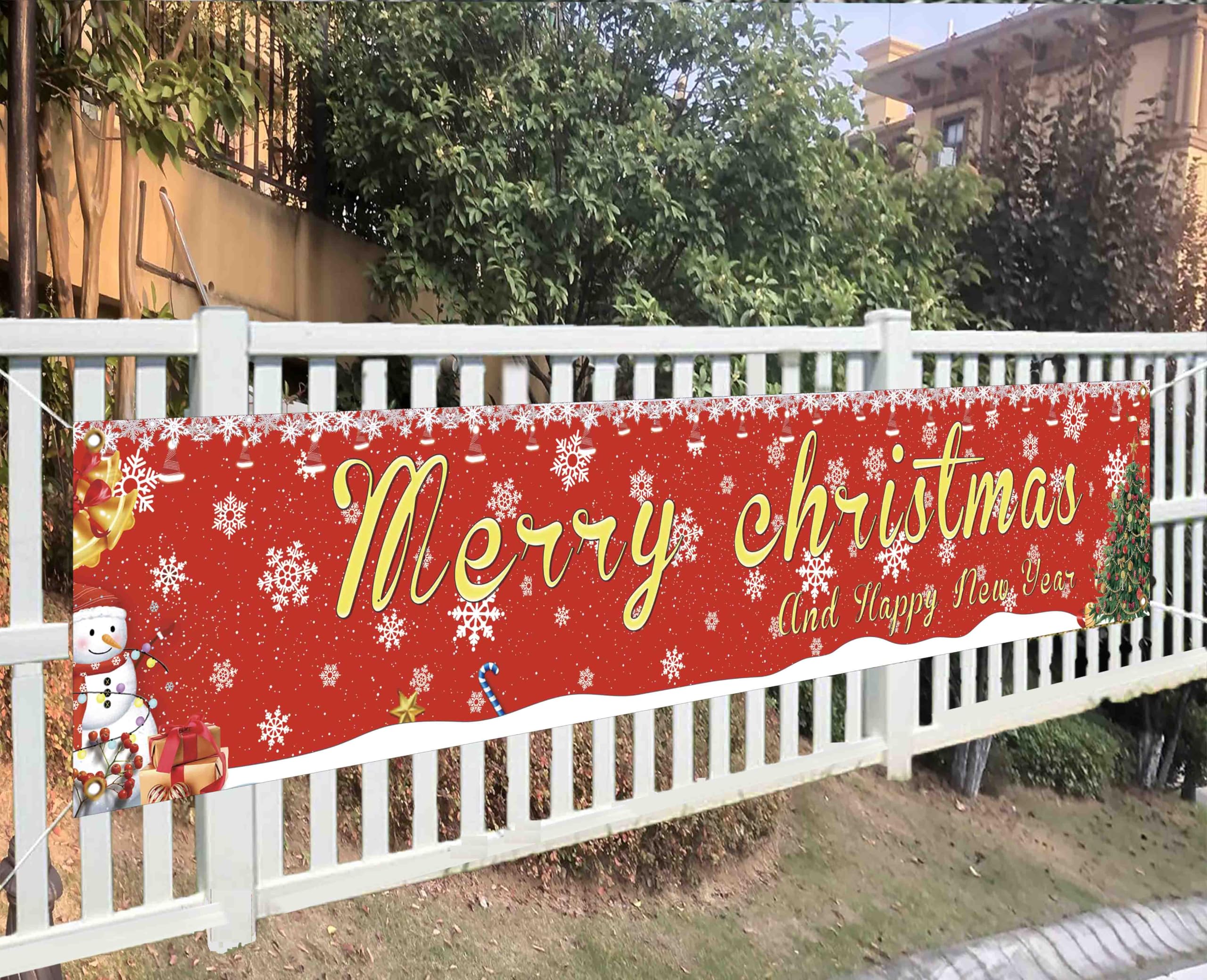 HHERCICIM Merry Christmas Banner and Happy New Year Winter Proch Sign Large Golden Banner Seasonal Holiday Party Polyester Outdoor Decor with Brass Grommets 8.2x1.64 Ft