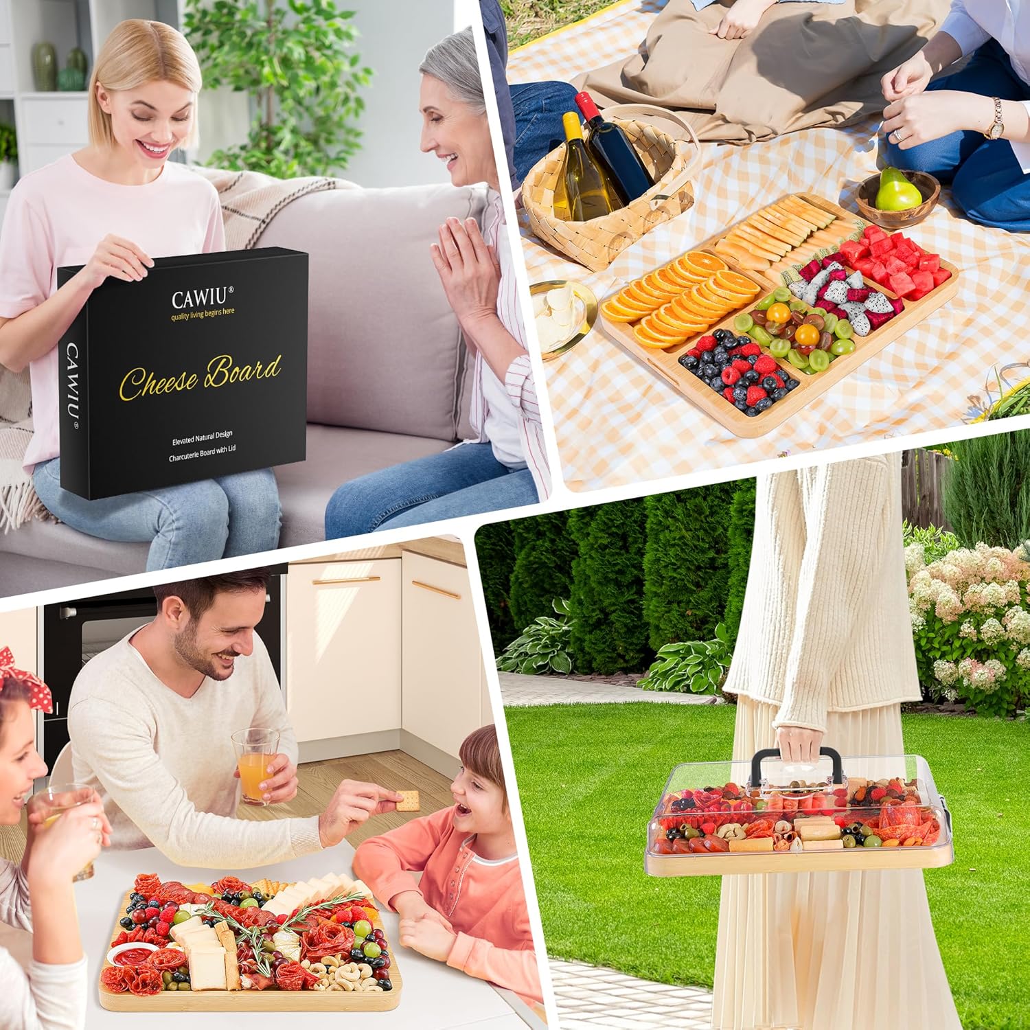 Portable Travel Charcuterie Board with Lid and Handle - Large Bamboo Cheese Board with 4 Cheese Knife Set for Outdoor, Picnics - Weddings, House Warming Gift for Women (6 Compartments, Black) - Image 6