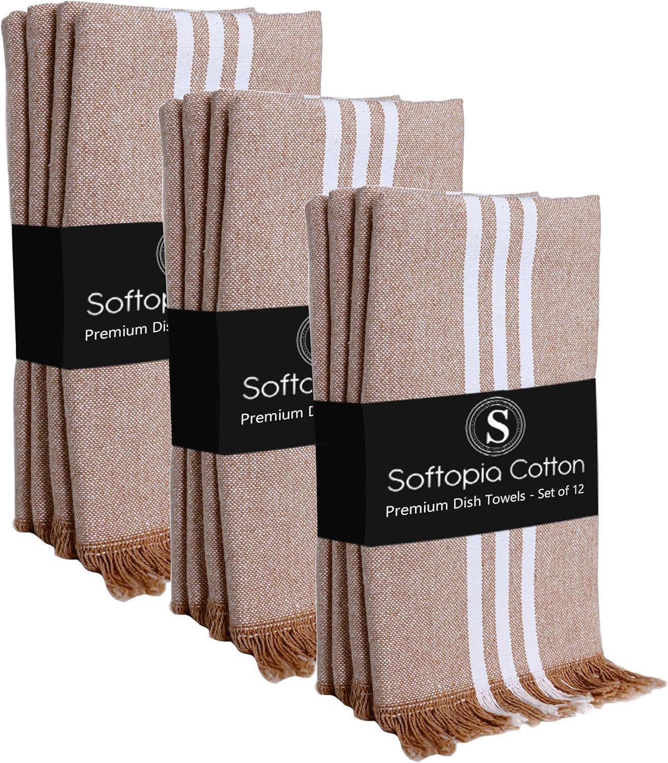 Prewashed Striped Dish Towels 12 Pack, 16x26 Inches, Quick Dry Towels for Kitchen, Durable, Reusable and Absorbent Wash Cloths Set, Washable Fabric, Heavy Duty for Daily Use - Brown