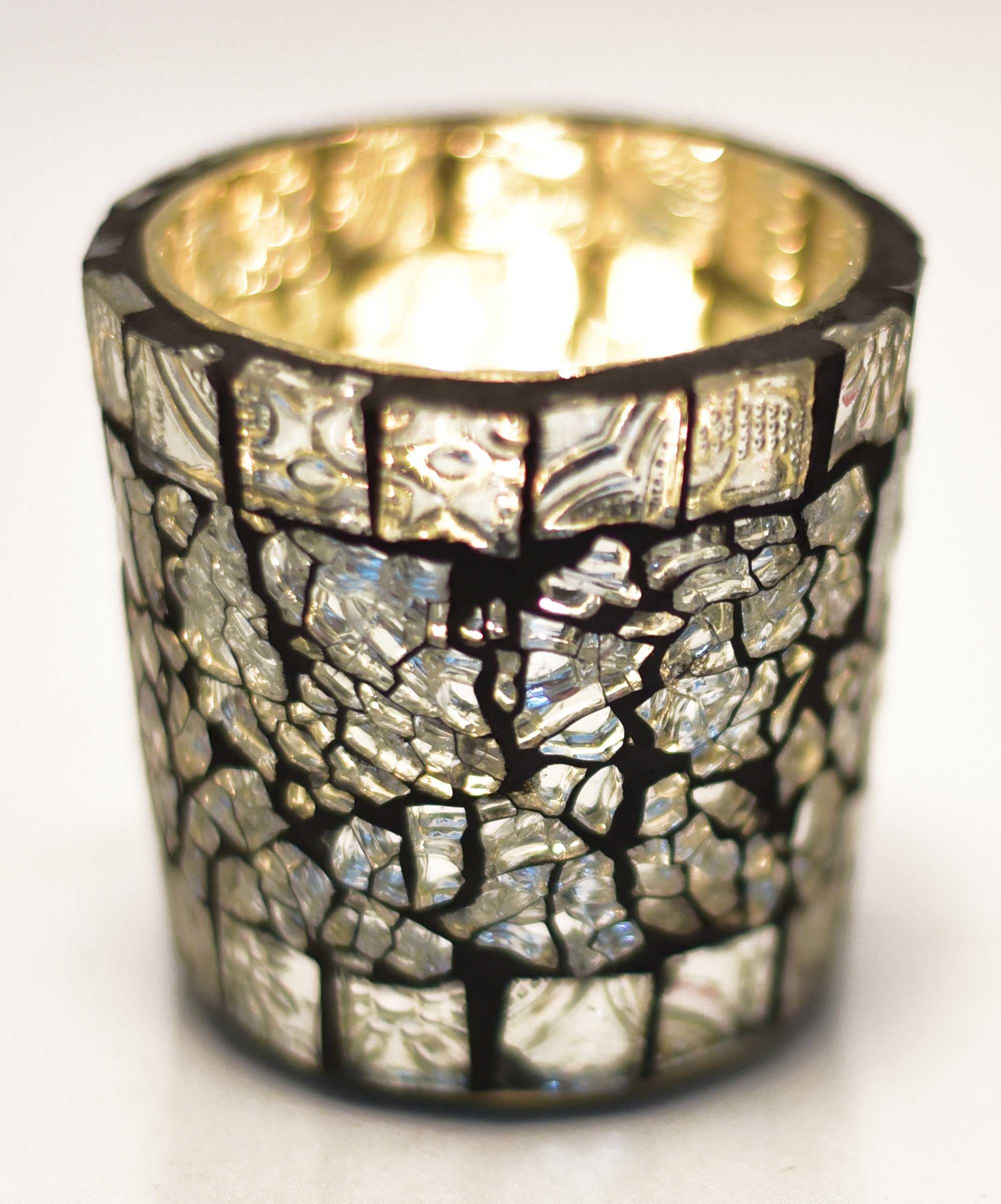 Crafted Ideas T Lite Votive Holder in Mosaic Glass (4 Pc Set) (Size 6Cm Top Diameter X 6Cm Height) (Silver) 1