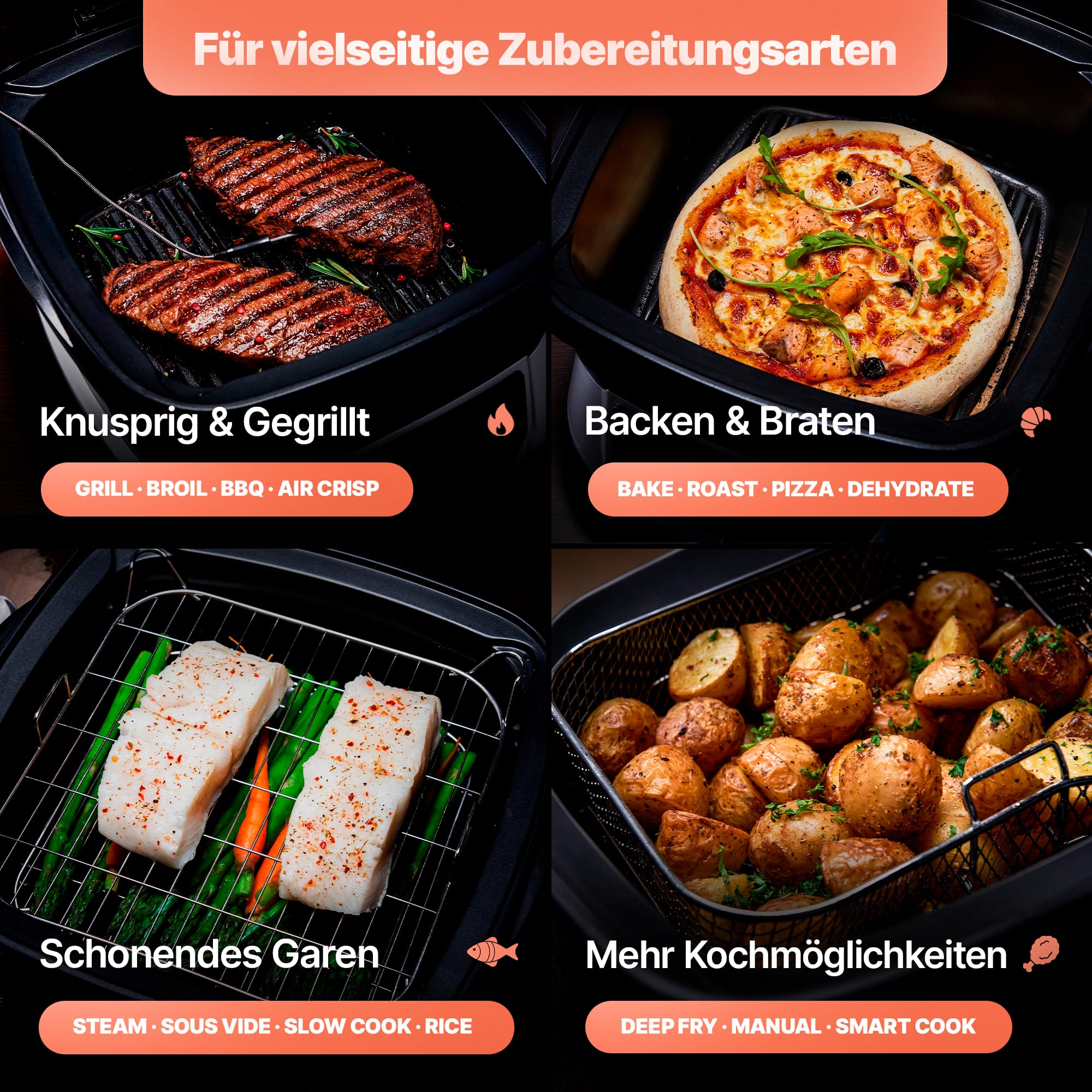 Multikocher mit Heißluftfritteuse & Grill 8L – 14 Programme, 2 Deckel (Glas & Grill), Air Fryer, Backen, Dampfgaren, Sous Vide, Dörren, Warmhalten