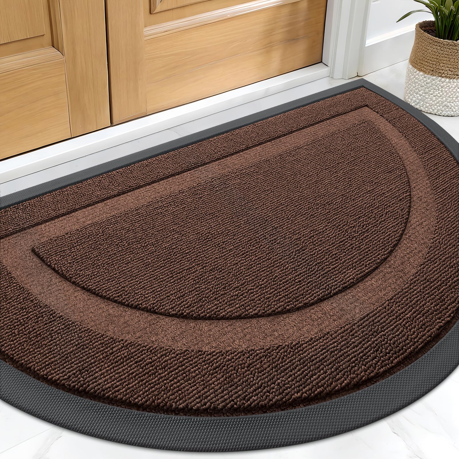 OLANLY Half Circle Front Door Mat Outside 29.5x17 All-Season Rubber Doormat | Chocolate Brown, Absorbent, Heavy-Duty, Stain and Fade Resistant, Non-Slip Backing, Low-Profile Indoor Outdoor Entryway Mat