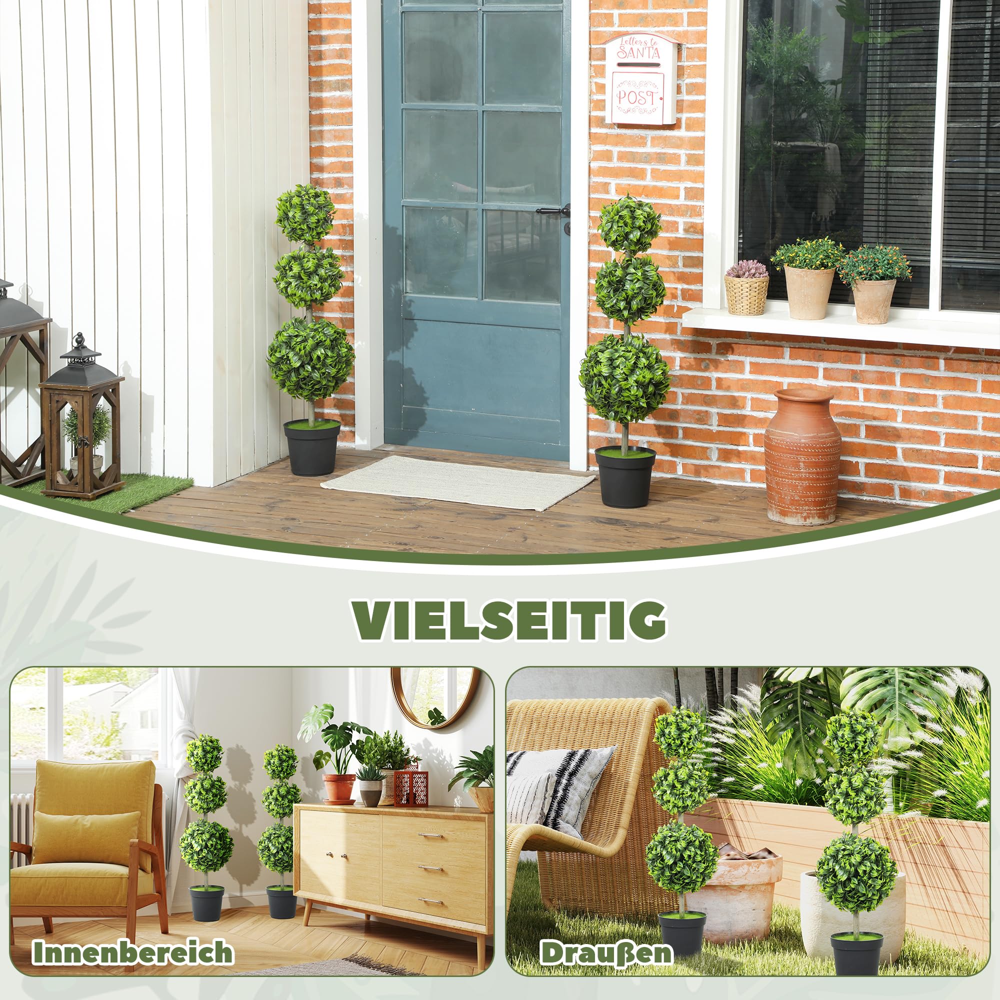 HOMCOM Künstlicher Buchsbaum Groß 100cm Kunstpflanze im Topf 2er Set | Künstliche Pflanzen im Topf, Kunstbaum, UV-Schutz, Wie Echt, für Wohnzimmer Büro Garten, Moderne Dekoration, Geschenk
