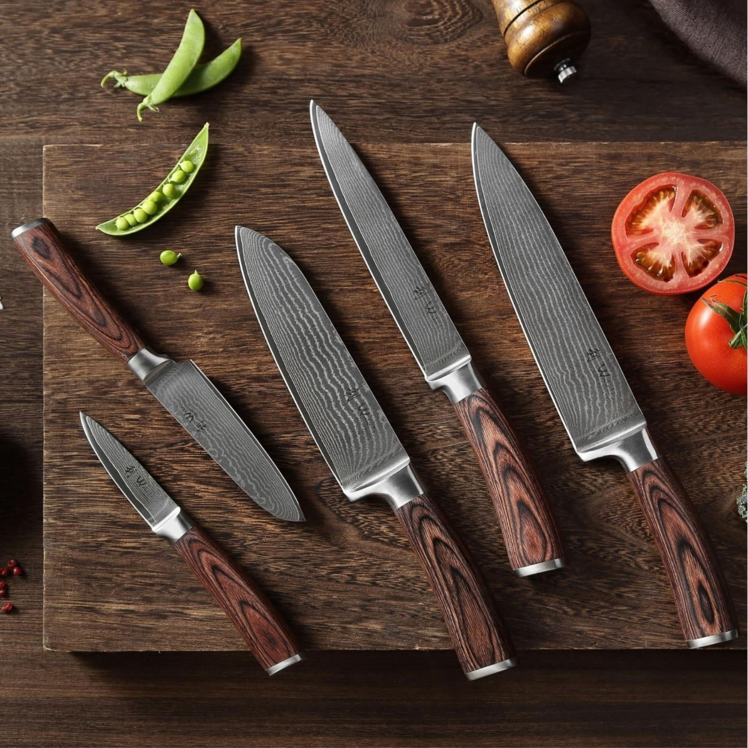 WAKOLI EDIB Set de 5 Couteaux de Cuisine Professionnels en Acier de Damas | avec des lames à 67 couches, un noyau VG10, des manches en bois de pakka, présentés dans un élégant coffret en bois