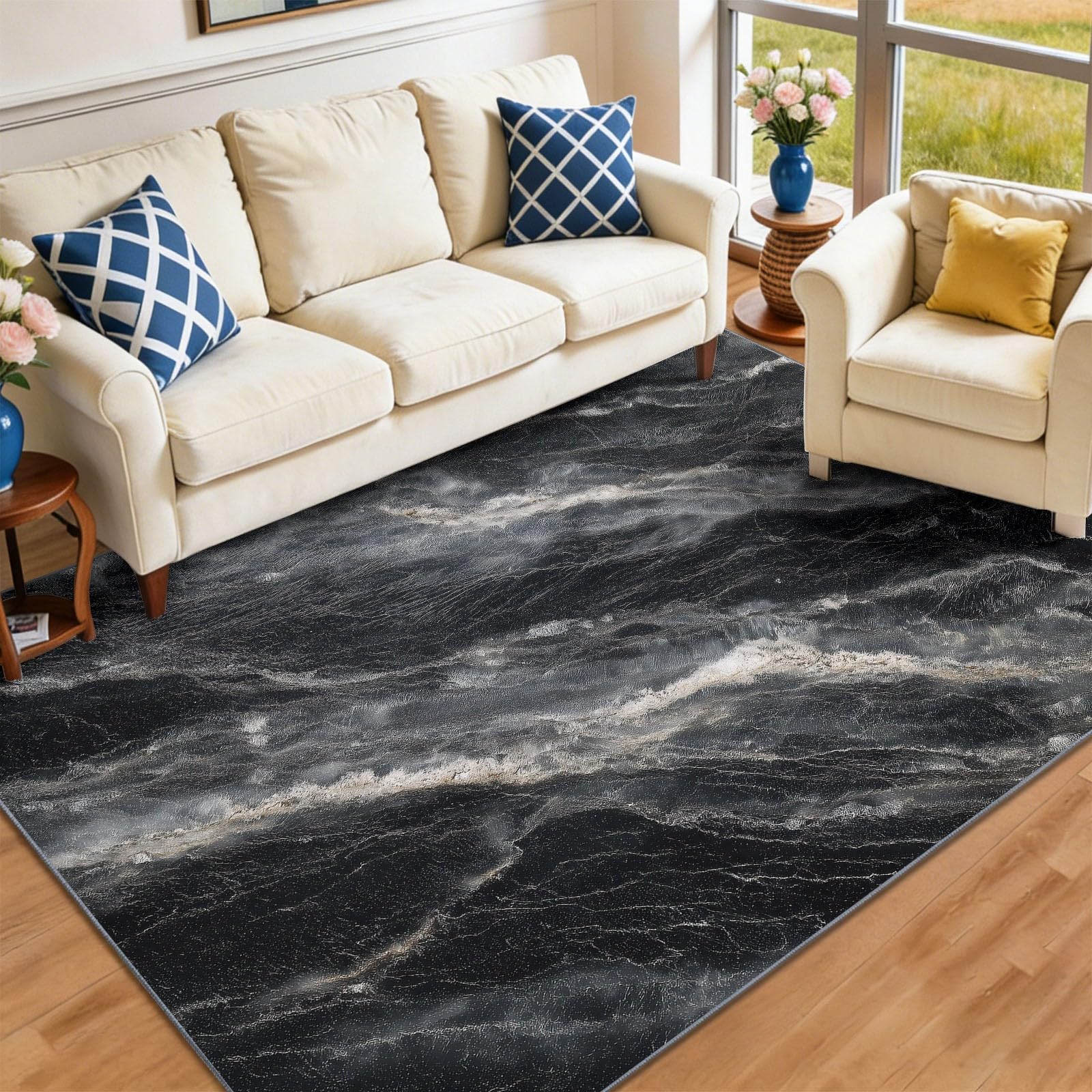 Tapis de salon 160x230 cm abstrait noir lavable en machine