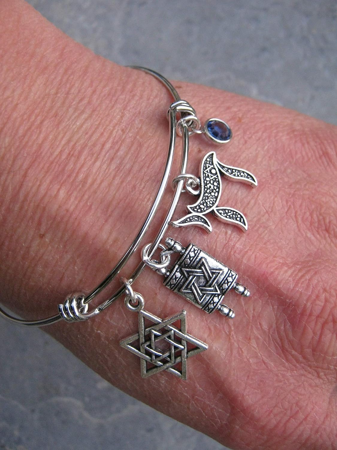 Personalized Torah Bracelet, Expandable Stainless Steel Bangle Bracelet, Chai Charm, Jewish Star of David Jewelry