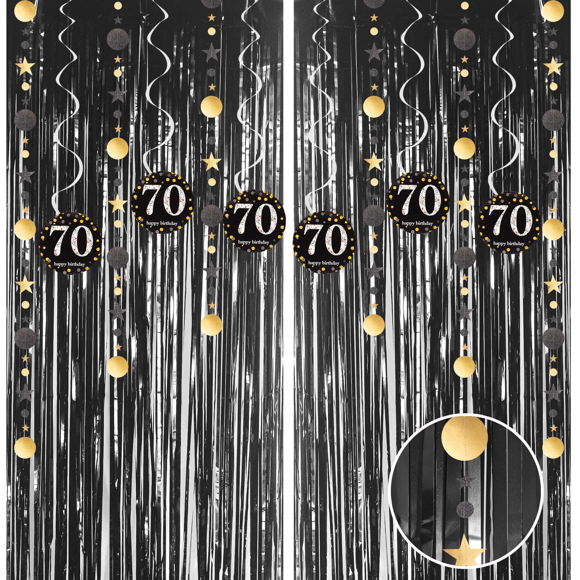 Black 70th Birthday Decorations, Tinsel Foil Fringe Curtain & Hanging Swirls Party Decorations Set for Women 70th Birthday Party Hanging Banner Door Tinsel Curtain Streamers