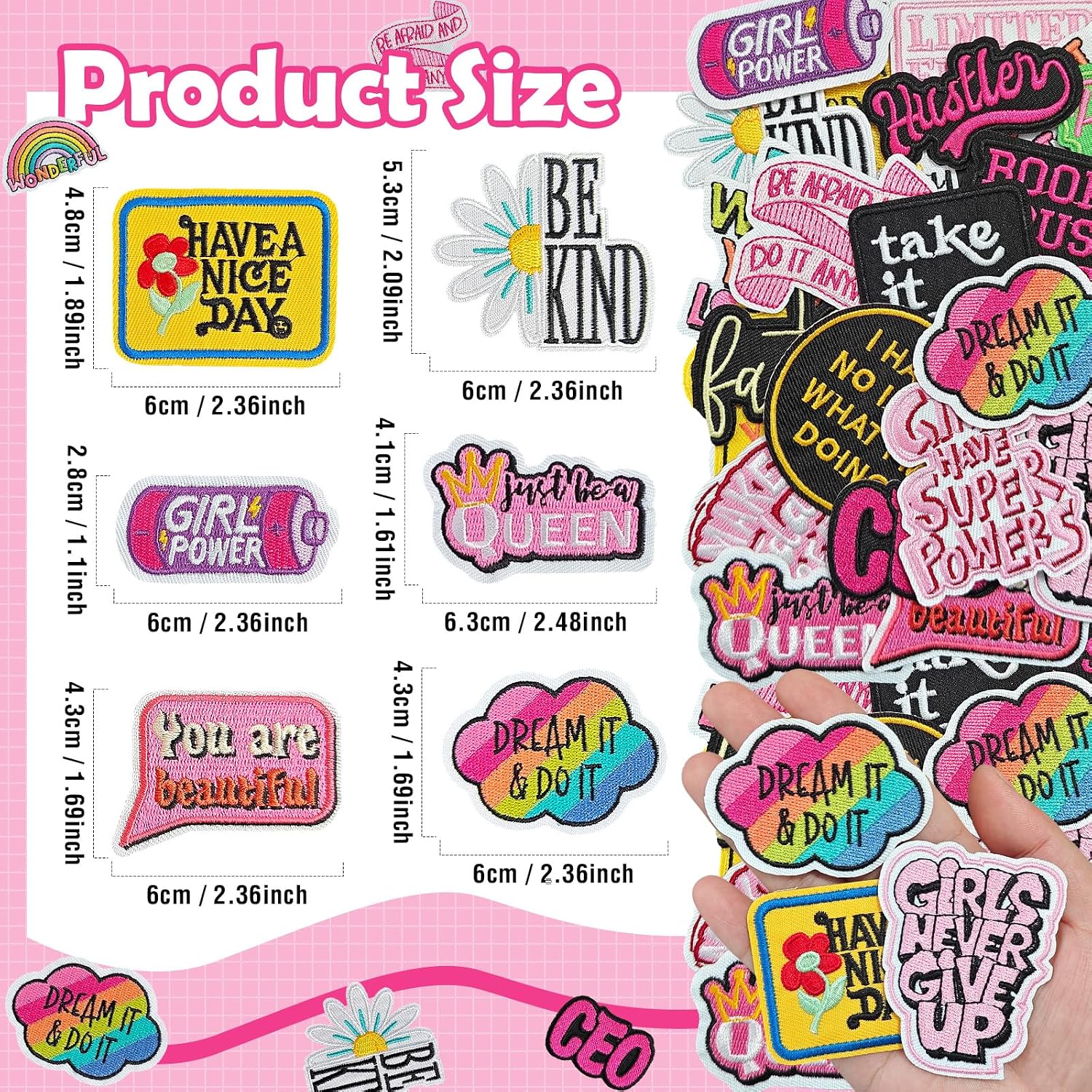 25 Pcs Phrase Iron on Patches, Girls Positive Embroidered Sew on Applique DIY Crafts for Clothes, Hats, Jackets, Jeans, Backpacks