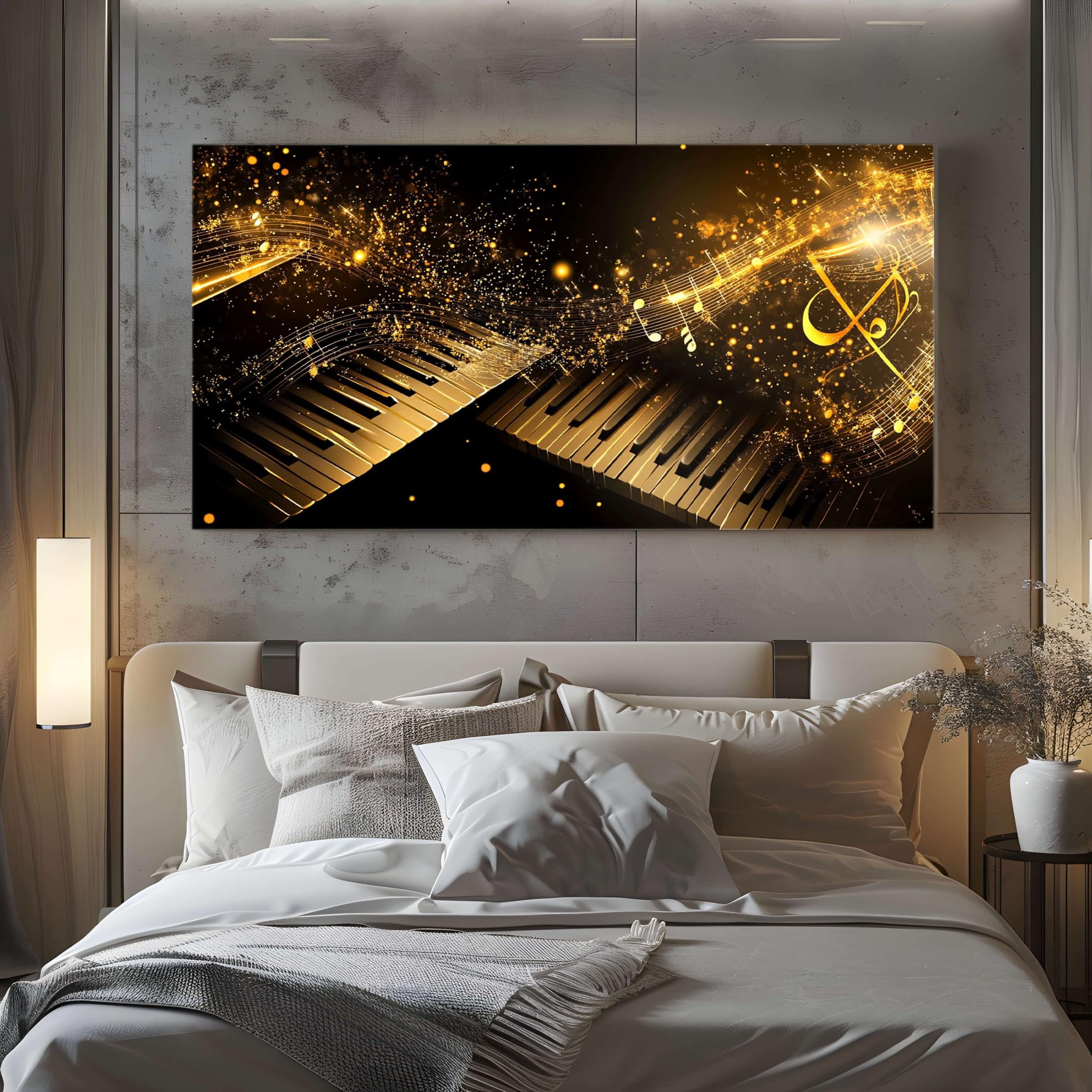 Decorazioni da Parete Moderne per Soggiorno Tema Senza Cornice 70x140cm | Musicale Pianoforte Quadro Grande su Tela Spartito con Chiave Classica Stampa Cielo Stellato di Lusso Camera da Letto Salotto