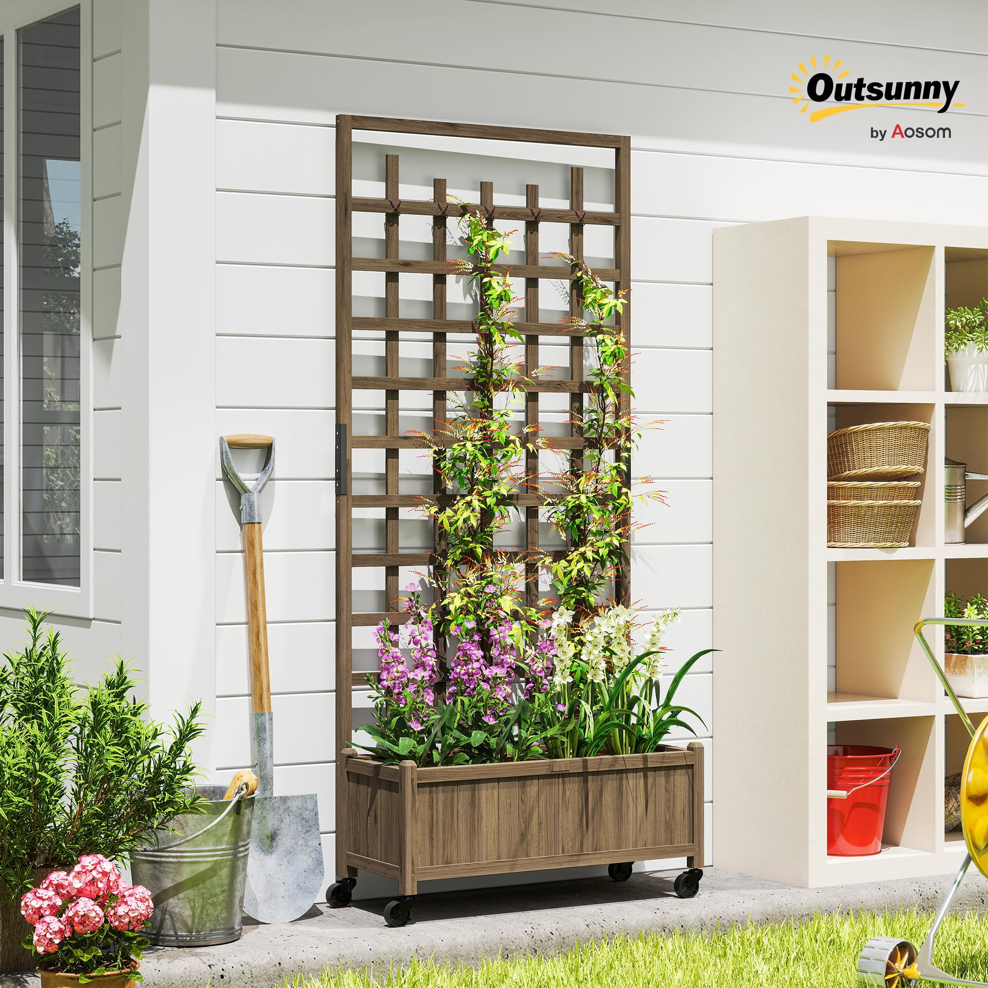 Outsunny Maceta de enrejado de madera, camas elevadas para jardín con ruedas y forro de cama, maceta con pantalla de privacidad para cultivar verduras, hierbas y flores para jardín, patio, terraza,