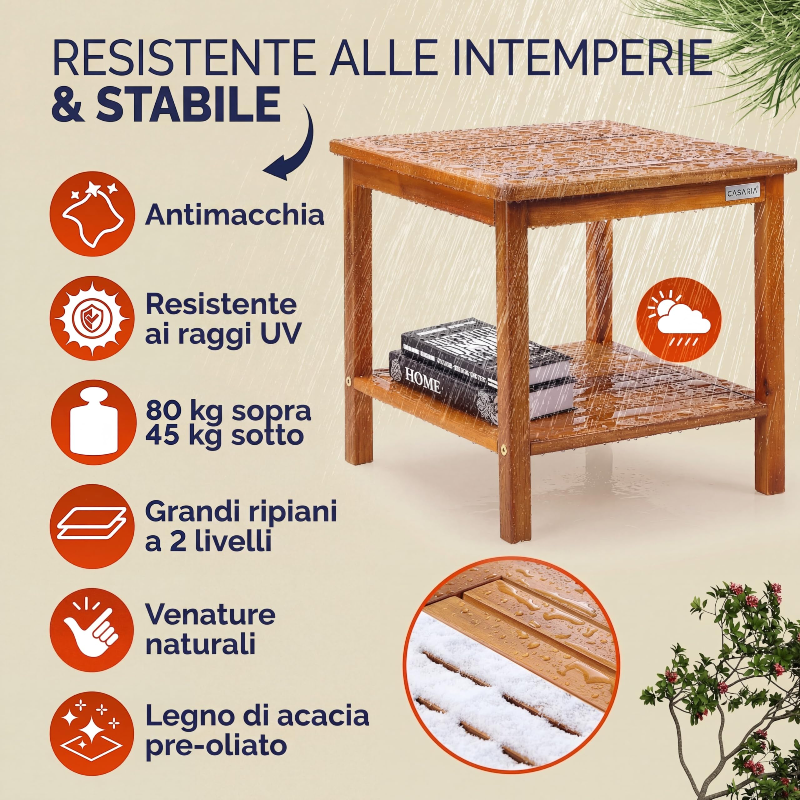 Casaria Tavolino da Giardino Legno Acacia 45x45x45cm Portata 80kg 2 Ripiani