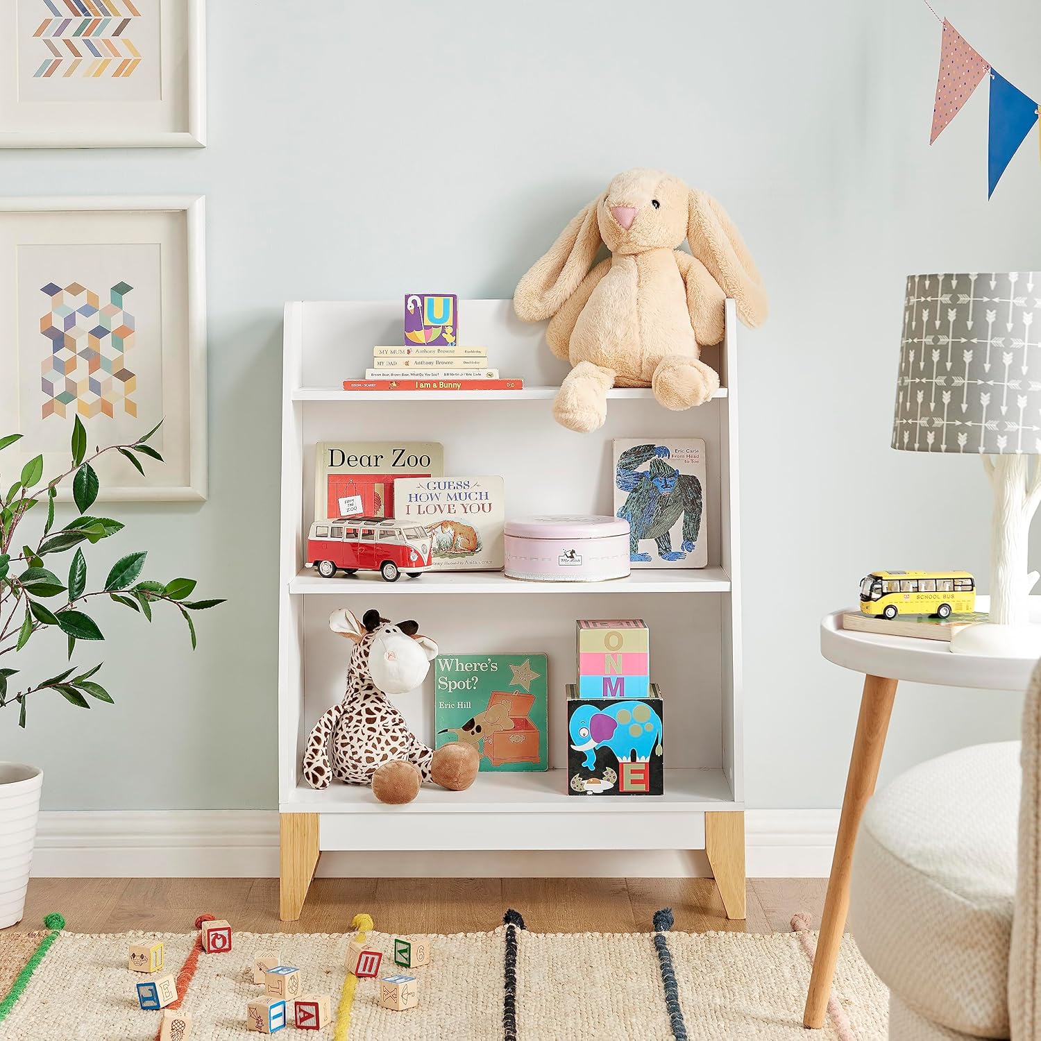 Danya B. Steiner White 3-Tier Kids Book or Toy Figure Display Unit Freestanding Bookshelf with Contrasting Wood-Toned Legs