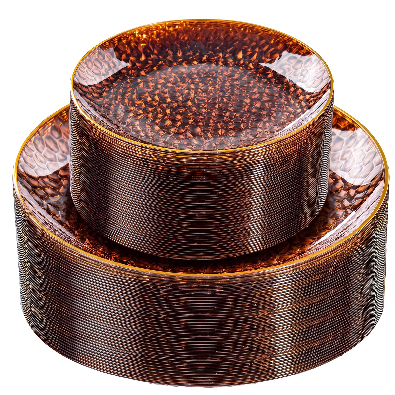 Photo 1 of Rubtlamp 60Pcs Amber Plastic Plates - Brown Disposable Plates With Gold Rim, Clear Heavy-duty Party Plates, Hammered Plates Include 30 Dessert Platos, 30 Dinner Platos for Party