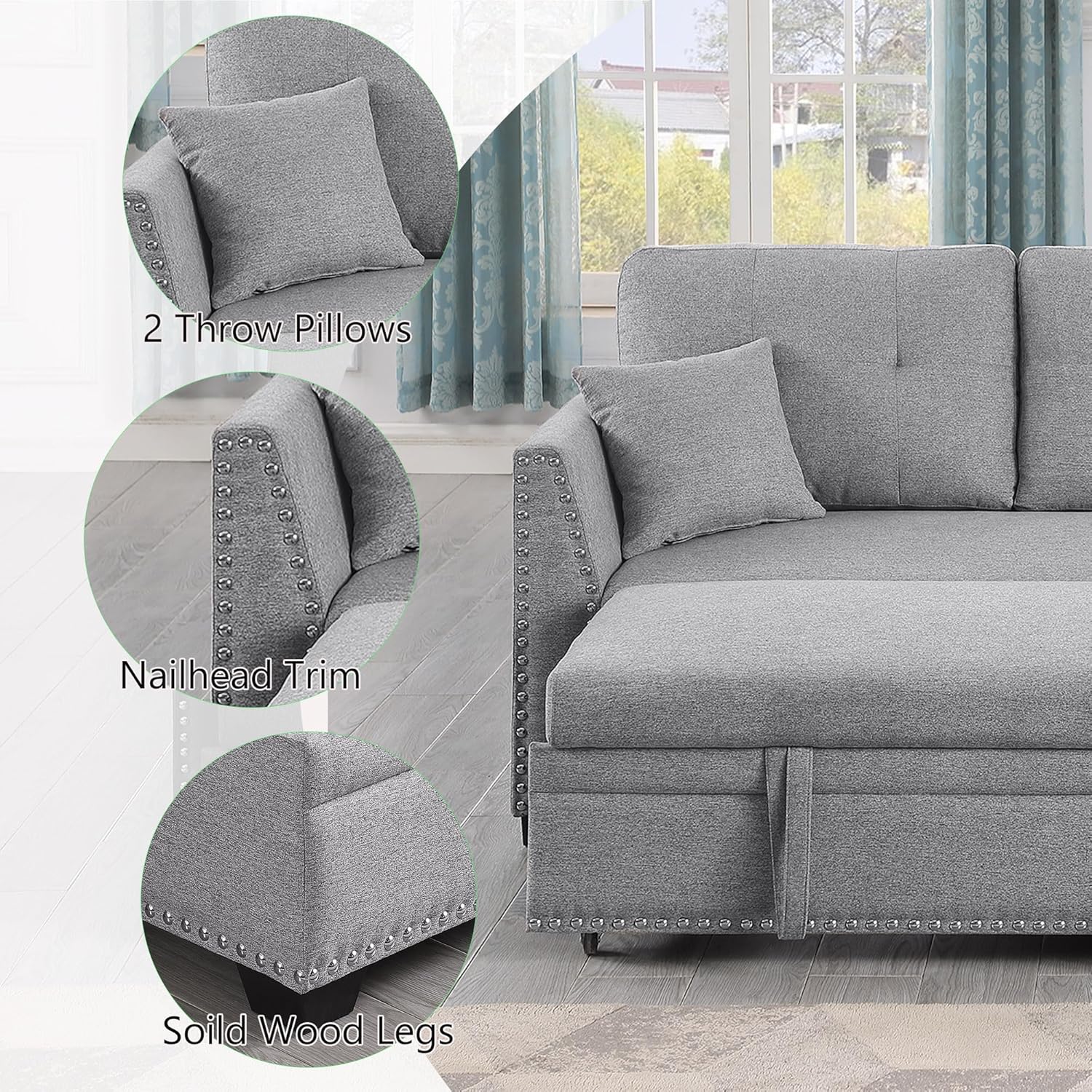 BEEY Convertible Sleeper Sofa Bed, 82" Small Sectional Sofa with Storage Chaise for Small Spaces, L Shaped Couch with Pull Out Bed for Bedroom, Living Room (Light_Grey)