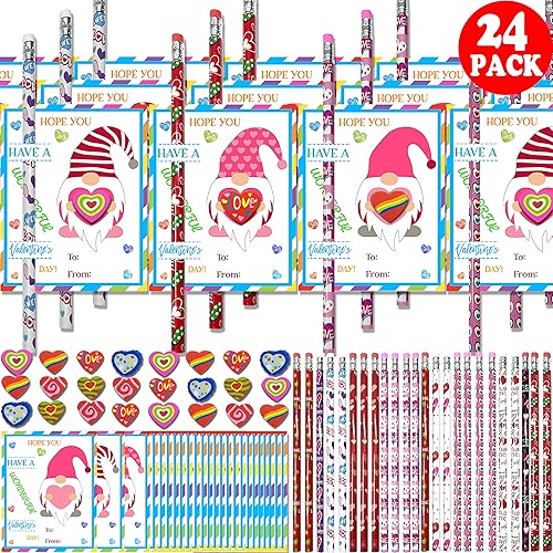 Bihanvse Paquete de 24 tarjetas de San Valentín para niños con tarjeta de gnomo del día de San Valentín + lápiz + borrador de corazón, regalos de