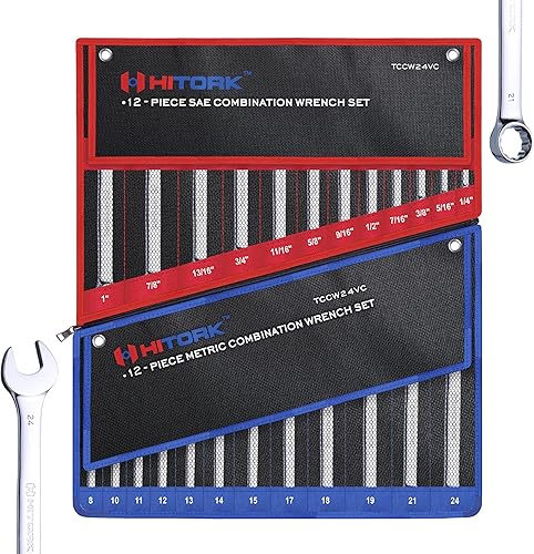 Miniatura 1 de Hitork Juego de llaves combinadas de 24 piezas, SAE (14"-1") y métricas (0.3150.945 in), acero Cr-V, acabado cromado espejo, extremo de caja de 12