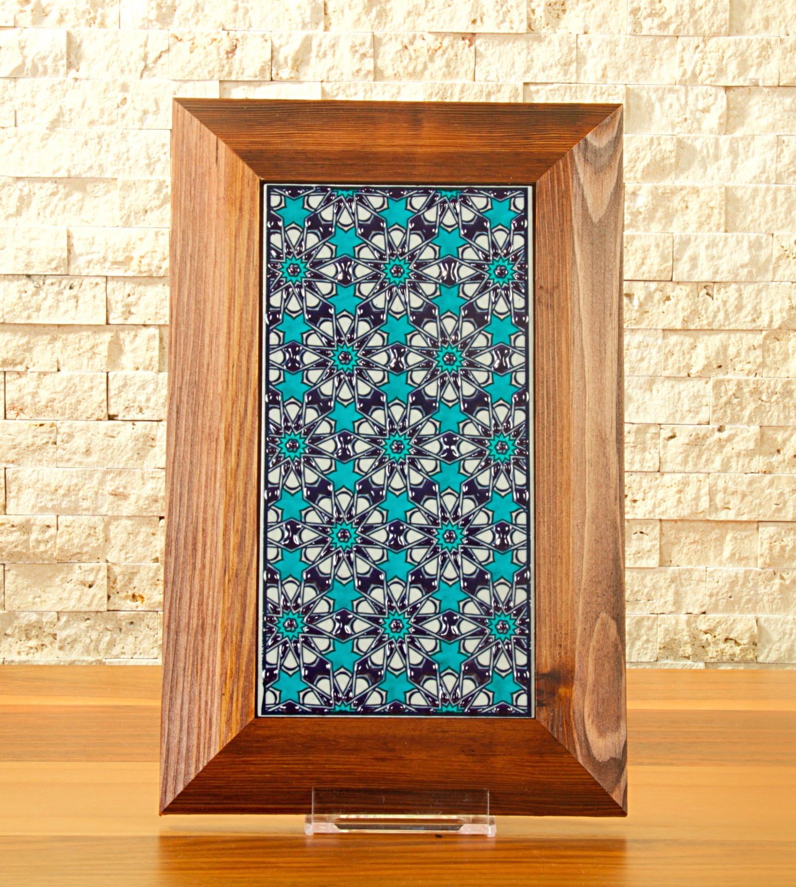 Handmade Handpainted Turkish Ottoman Design Wall Art Ceramic Tile With Natural Wood Frame