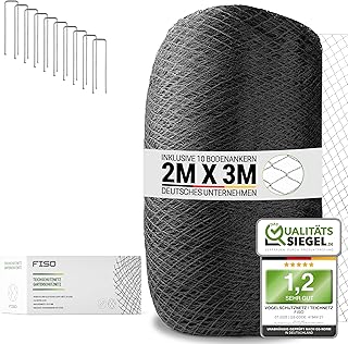 FISO® Teichnetz - 2x3m I Vogelschutznetz engmaschig, robust, witterungs- & UV-beständig I Schwarzes Teich Netz feinmaschig (15x15mm) I Netz zum Schutz von Teich, Balkon, Kirschbaum & Mehr