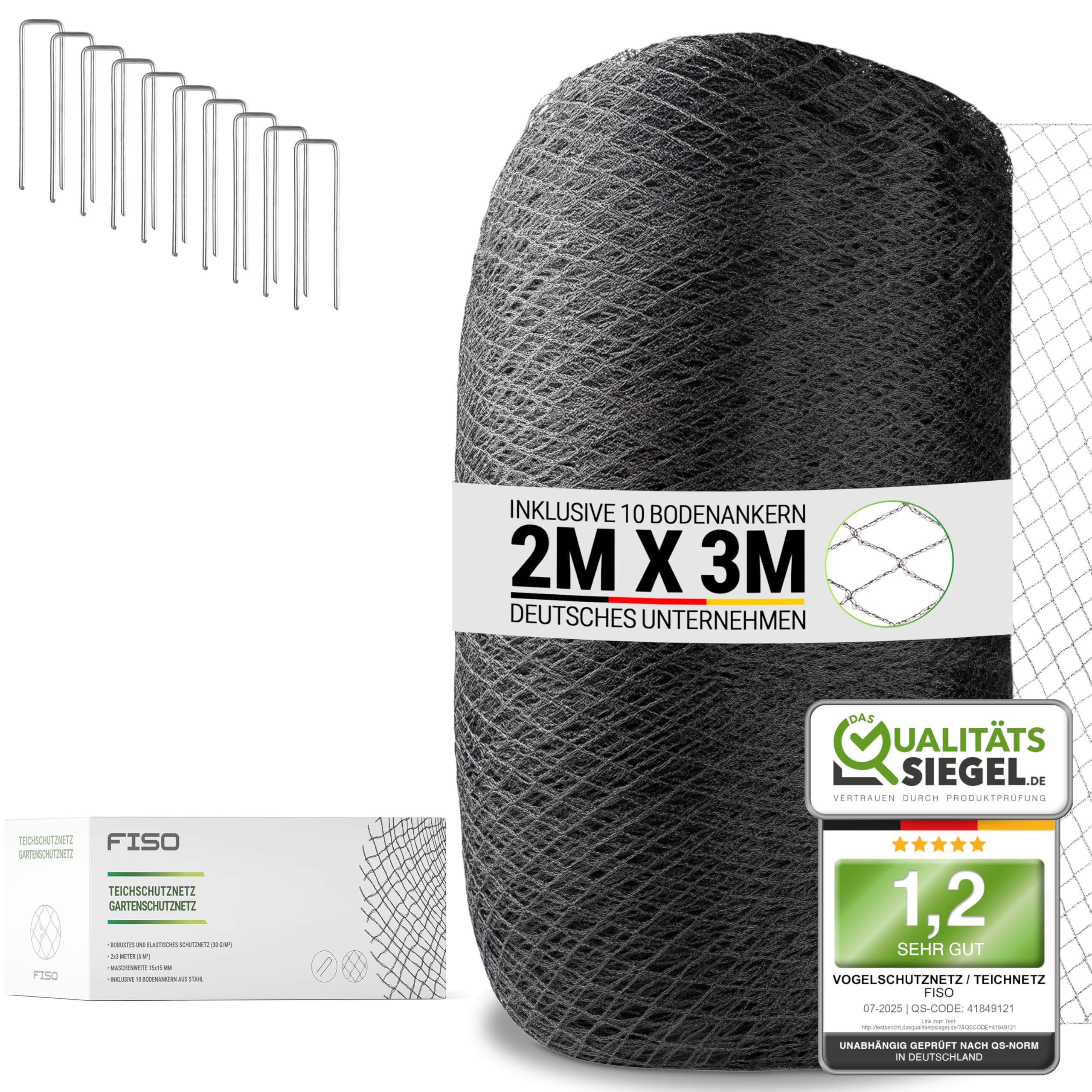 FISO® Teichnetz - 2x3m I Vogelschutznetz engmaschig, robust, witterungs- & UV-beständig I Schwarzes Teich Netz feinmaschig (15x15mm) I Netz zum Schutz von Teich, Balkon, Kirschbaum & Mehr