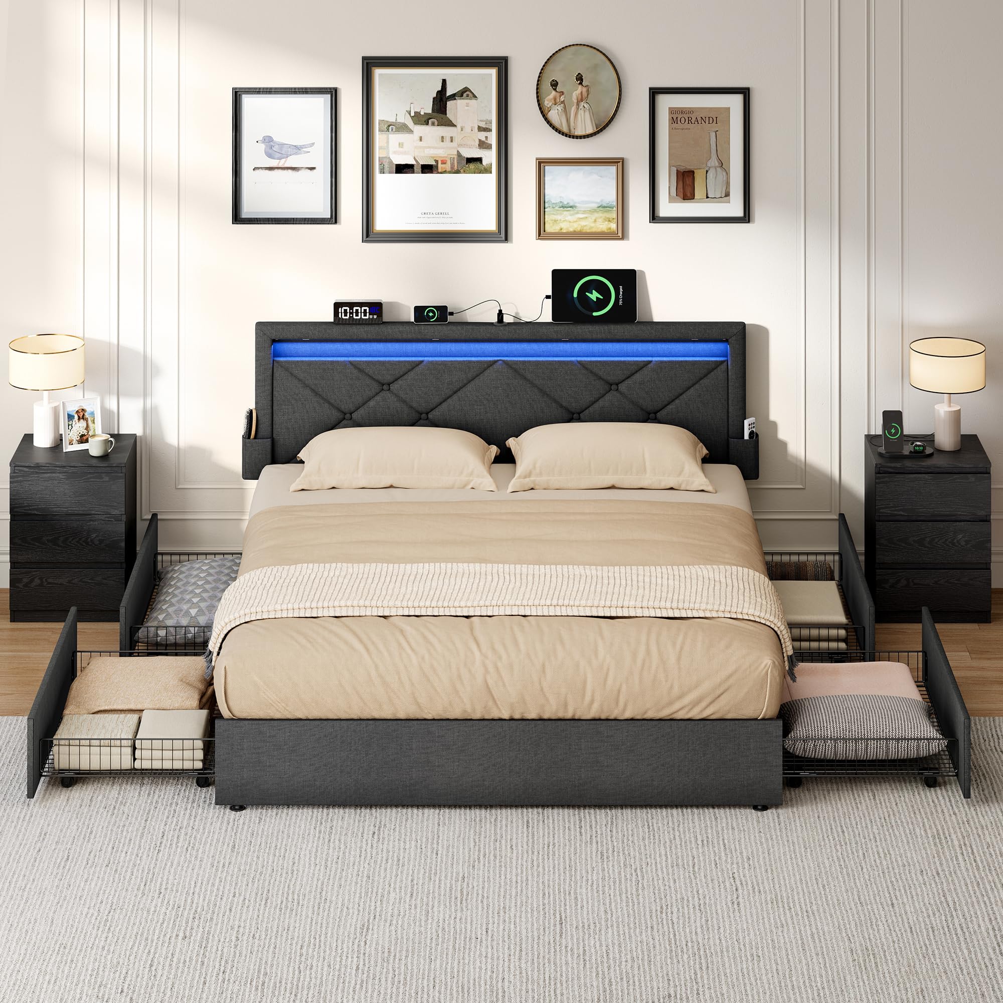 VASAGLE King Bed Frame with LED Lights, Adjustable Headboard, Platform Bed with Underbed Storage Drawers, USB-A and USB-C Ports, 500 kg Weight Capacity, No Box Spring Needed, Slate Grey RMB927GN01
