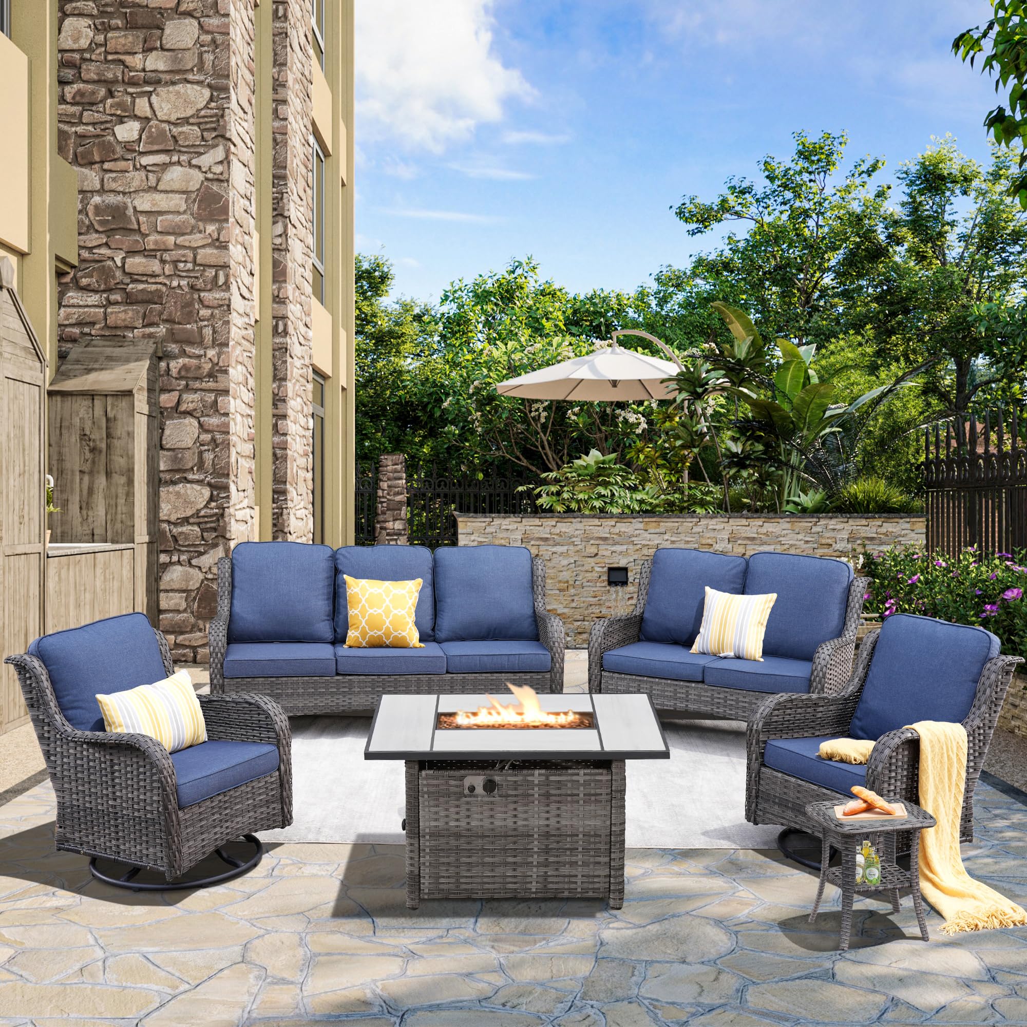 HOOOWOOO Patio Outdoor Furniture with Fire Pit Table,High Back 6 Piece Wicker Patio Conversation Set with Swivel Chairs,7 Person Couch Sofa Seating,