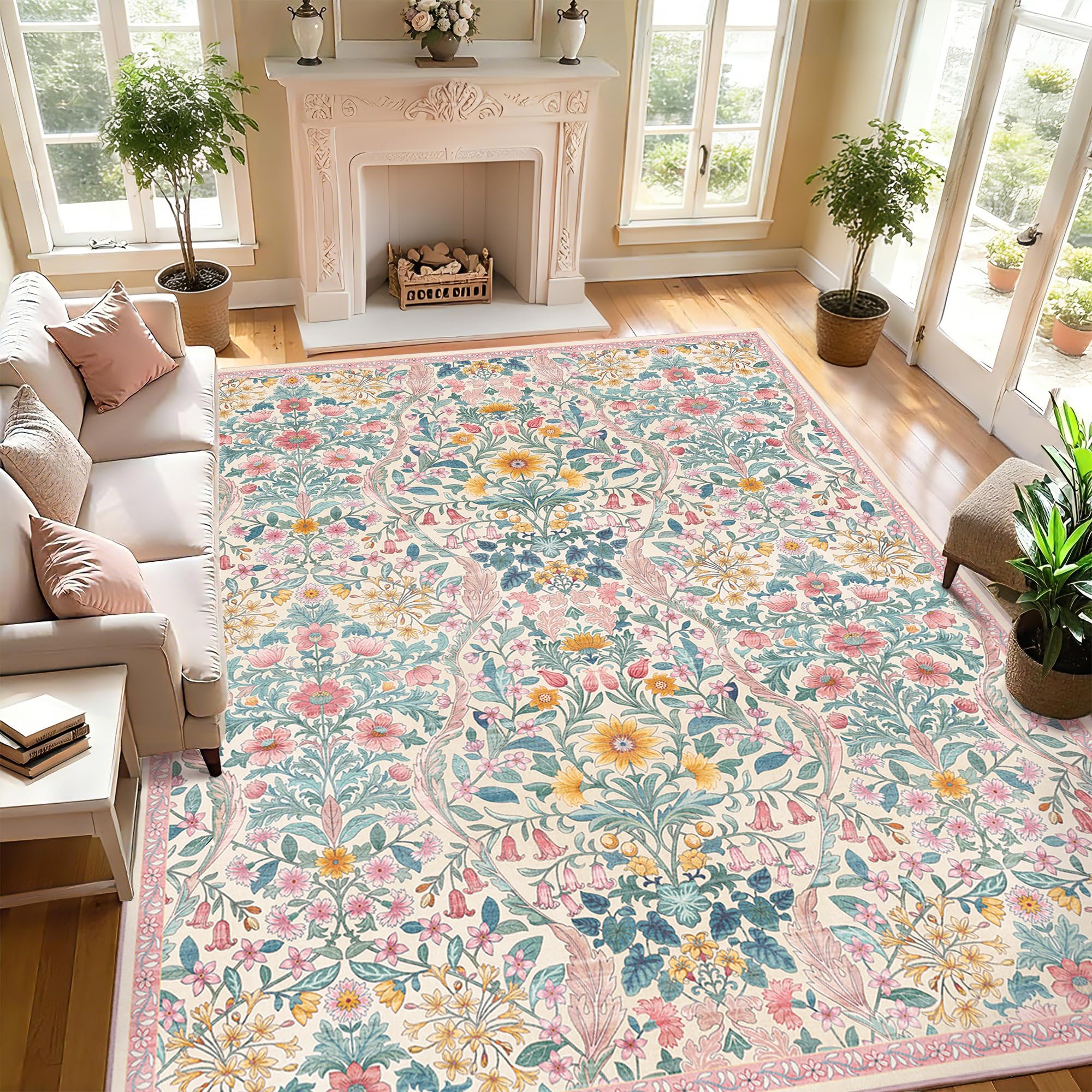 8x10 Washable Area Rug for Living Room, Large Vintage Light Pink Floral Rugs, Soft Non-Slip Stain Resistant Boho Lightweight Carpet for Girls Bedroom Dining Room Nursery Home Office — image 1