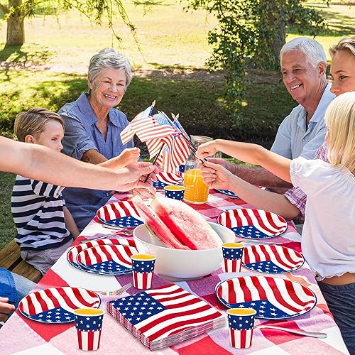 Miniatura 5 de QZYL 96 piezas de suministros para fiesta del 4 de julio, sirven decoraciones del 24 de julio, juegos de platos y servilletas del 4 de julio,