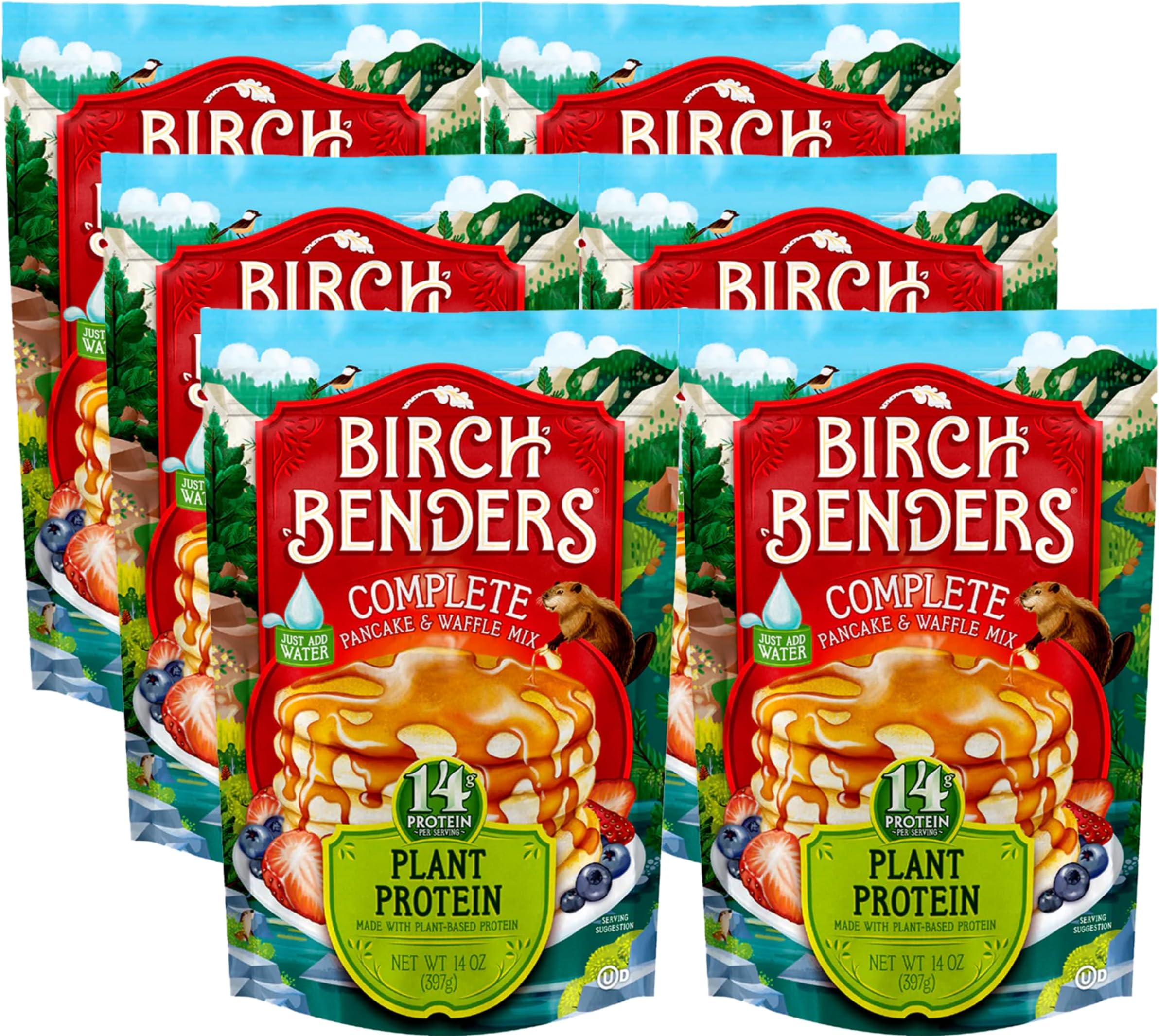 Birch Benders Plant Protein Pancake & Waffle Mix, Vegan, 14g Plant-Based Protein, Just Add Water, 14 oz (Pack of 6)