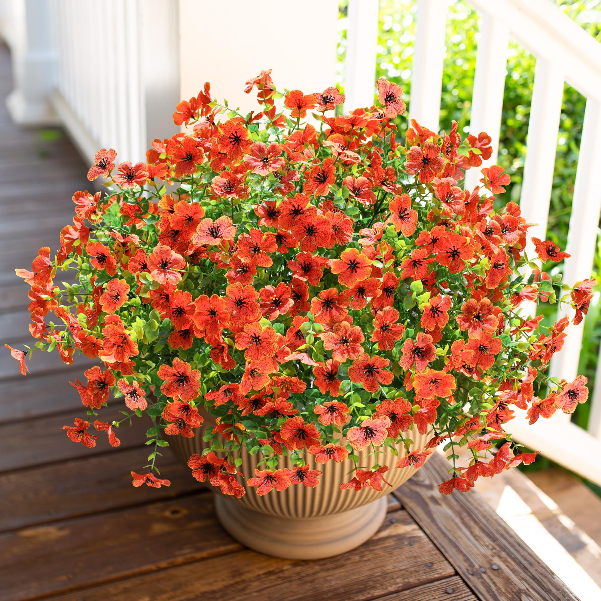 Hyeflora Orange Artificial Fall Flowers Faux Mums For Outdoor Indoor Garden Home Decoration, Faux Flower Daisy With Eucalyptus Leaves Fake Mums Plants Greenery Boxwood Porch Patio, 12 Bundles (Orange)