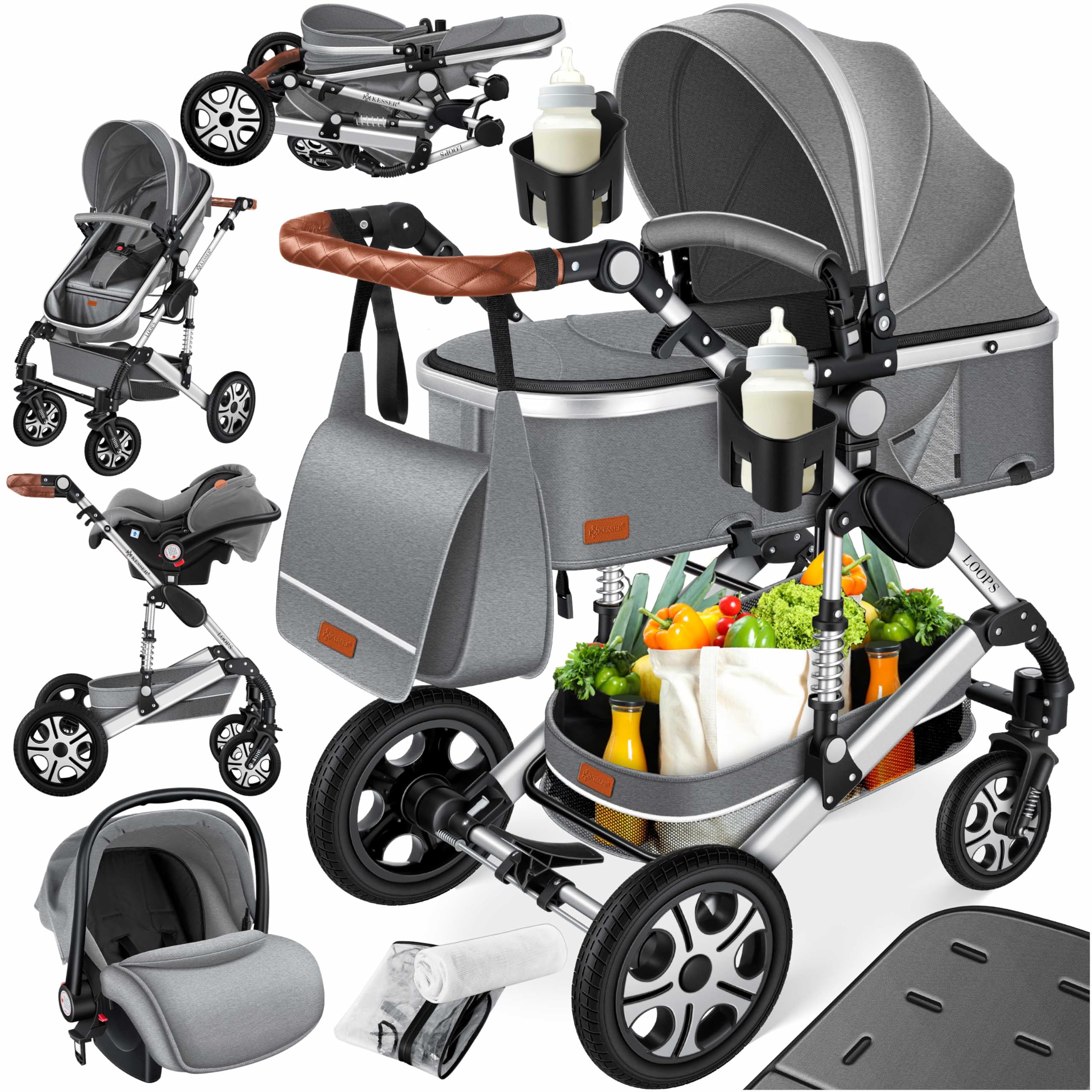 KESSER® Loops 4 in 1 Kinderwagen Kombikinderwagen Komplett-Set inkl. Babywanne & Buggy Sportsitz & Auto-Babyschale Voll-Gummireifen Wickeltasche Regenschutz Kindertisch ECE R129, Asphalt Grau/Silber