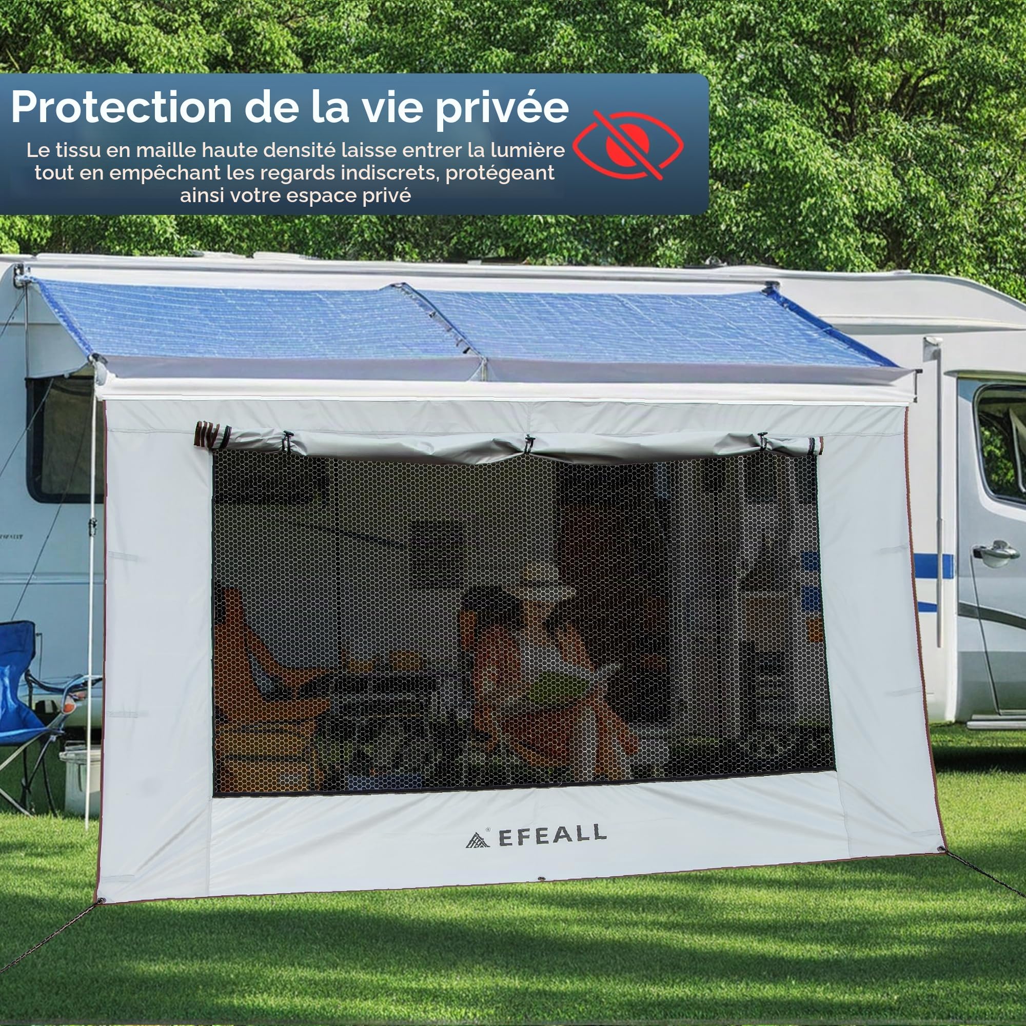 Auvent pour Camping-car - Pare-vent avant 2 x 4,8 m, Protection UPF 50+, Résistant à la pluie, avec fenêtre panoramique réglable (tissu + filet), Auvent solaire pour rails de 5–7 mm