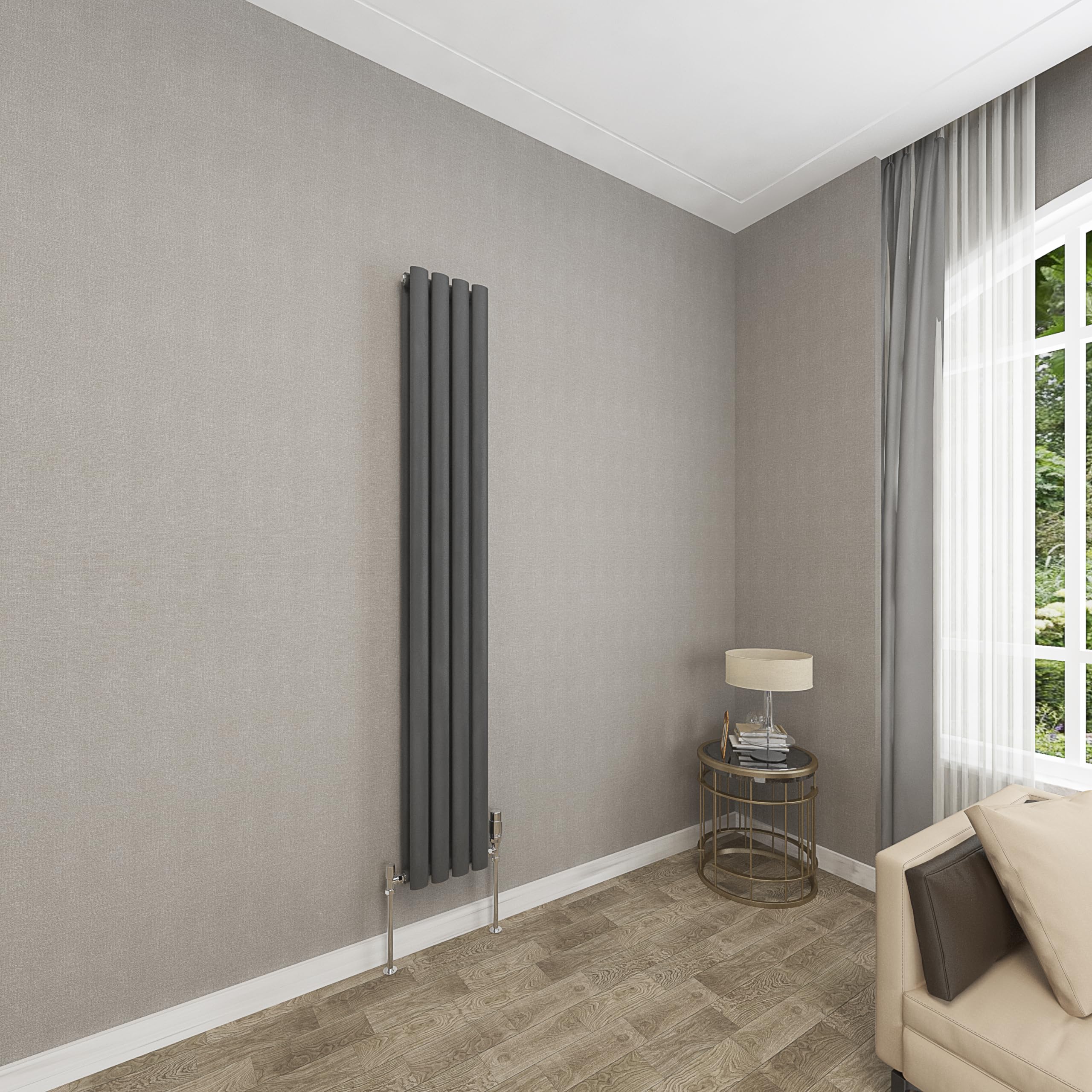 Sky bathroom | 1600x236mm - Modern Anthracite Vertical Double Panel Oval Column Radiator Central Heating Designer Radiator